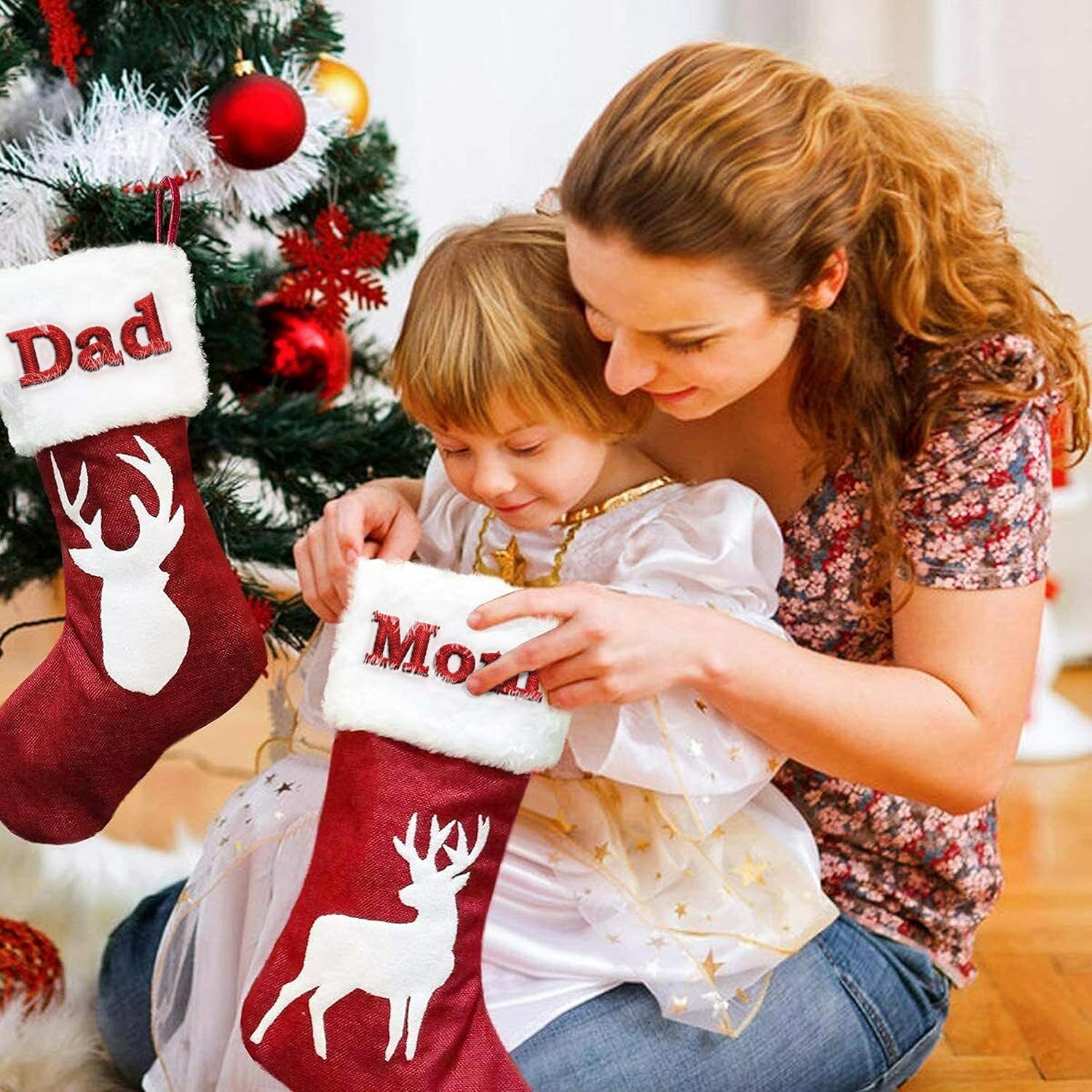 Printualist Personalized Christmas Stockings (18 inch) - Custom Embroidered Name Red Green Ivory Santa Deer Tree Pet Cat Dog- Rustic Farmhouse Fireplace for Family Decorations Holiday