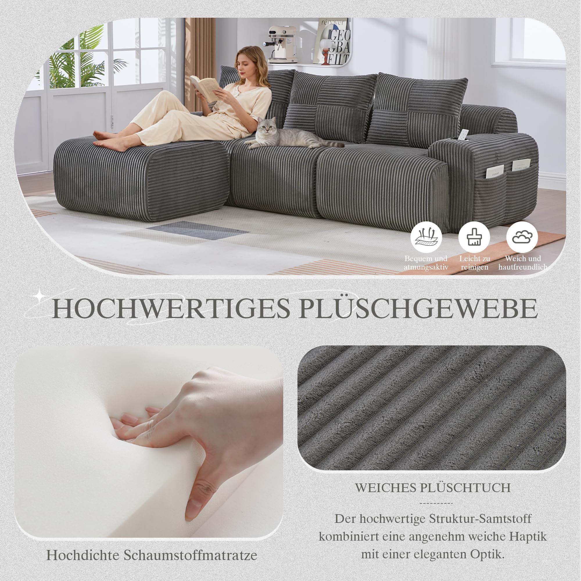 Yihomfy Canapé Modulaire en Velours Corde, Canapé d'angle en Forme de L, Configuration Libre, avec Porte-Gobelet et Poches Latérales, Canapé Cloud pour Salon