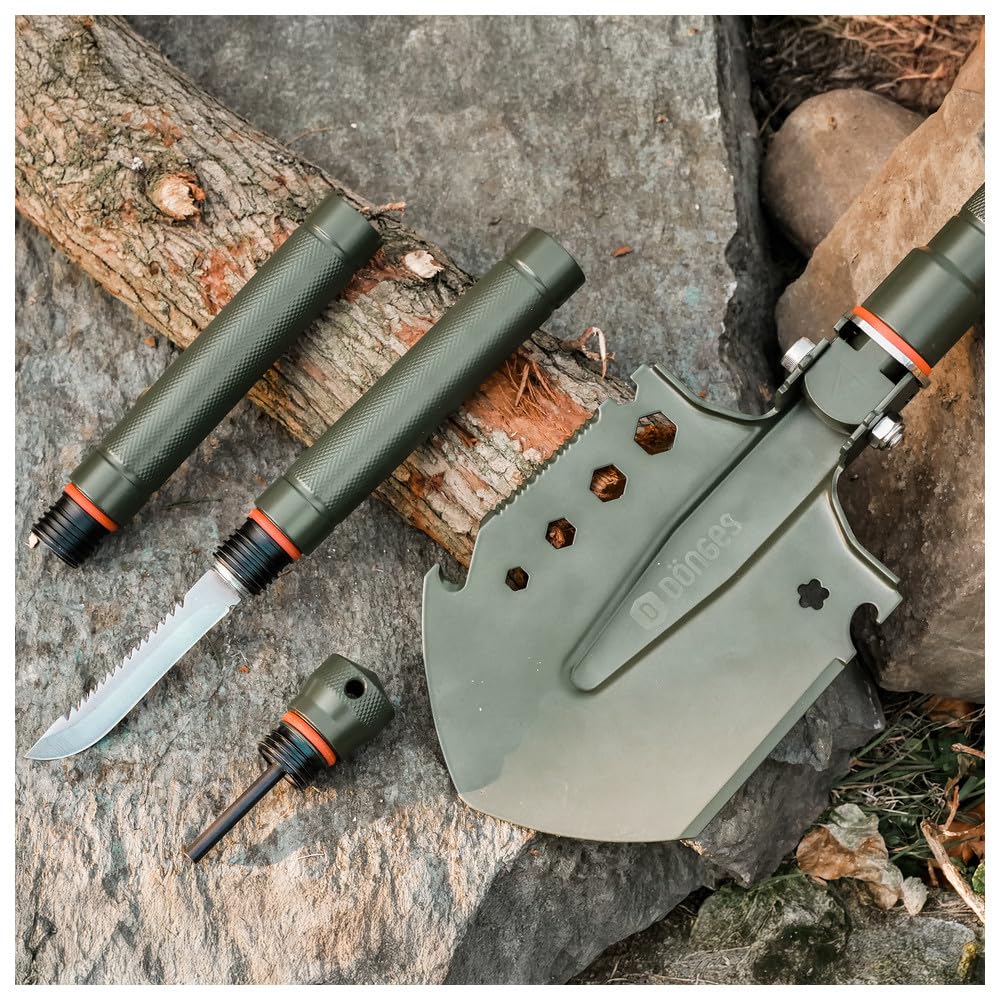 Dönges Multifunktionaler Klappspaten inkl. 3 Längen | Kombi Schaufel aus rostfreien Edelstahl | olivgrüne Klappschaufel für Survival, Wandern, Camping | Survival Ausrüstung mit camouflage Tragetasche