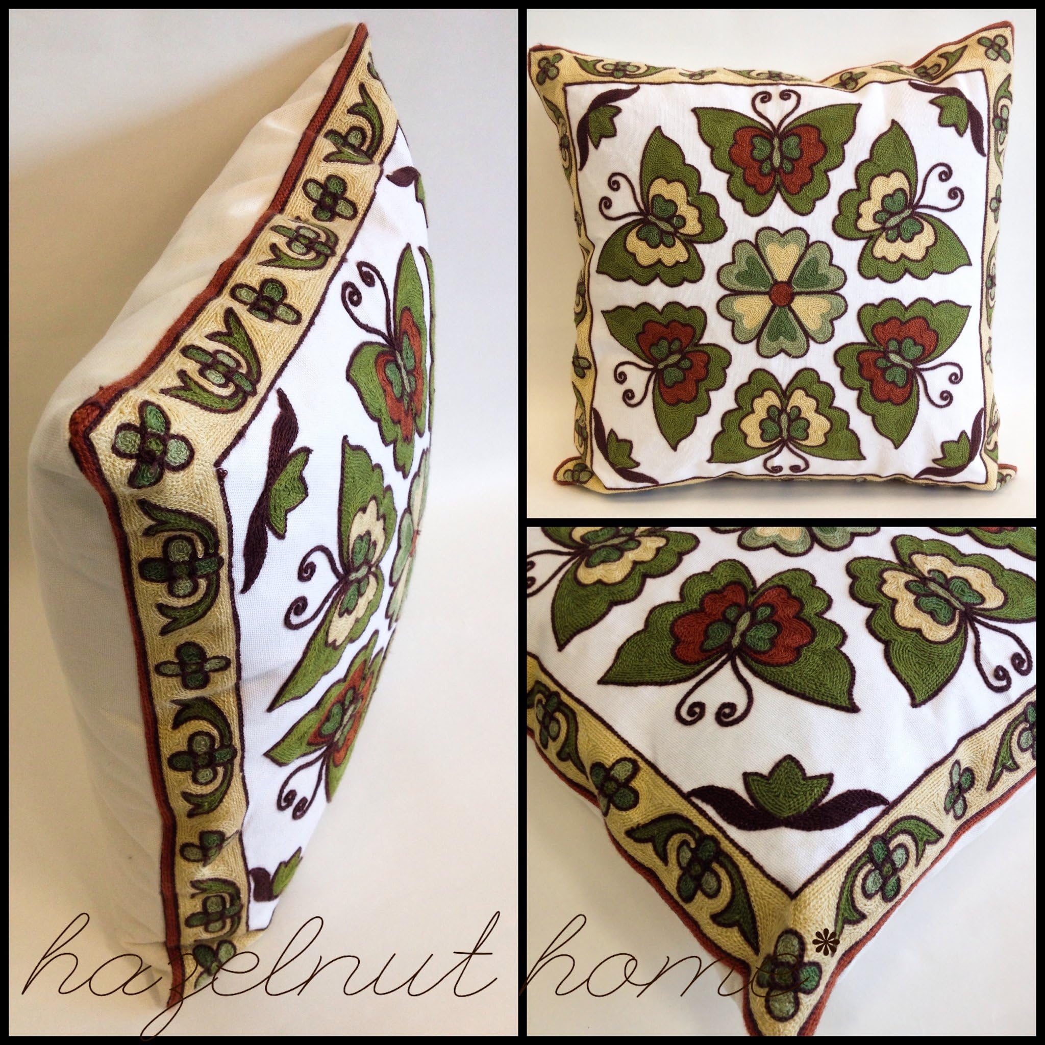 Garden Butterfly Texture Yarn Embroidery Decorative 18" x 18" Pillow Cover (White x Green) …
