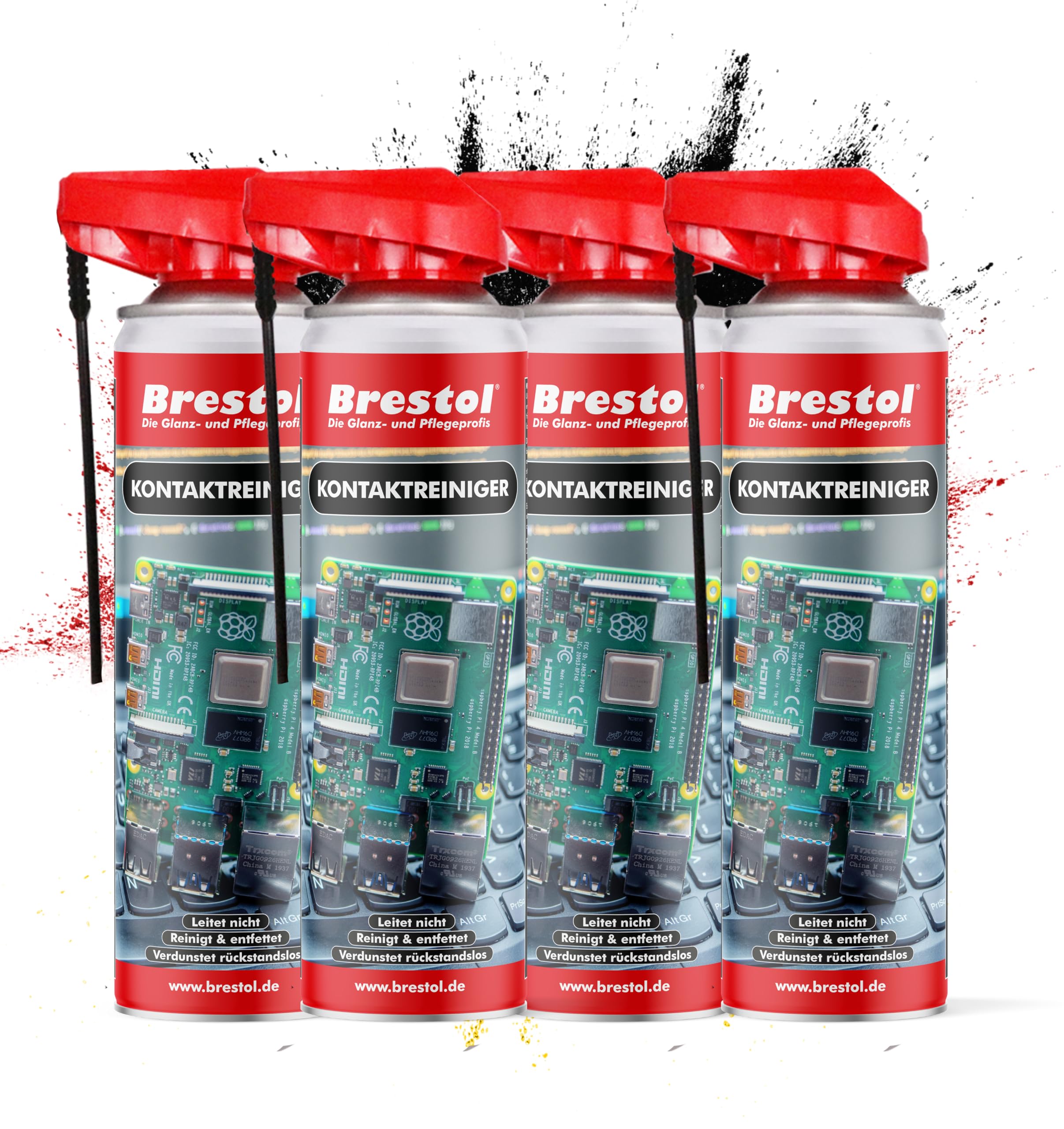 BRESTOL® KONTAKTREINIGER 4x 400 ml für Elektronik, Elektronikreiniger Platinenreiniger Raspberry-Pi Sicherheits-Reinigungsspray Lithiumsprühfett Kontaktspray Elektro-Reiniger Elektronik-Reiniger