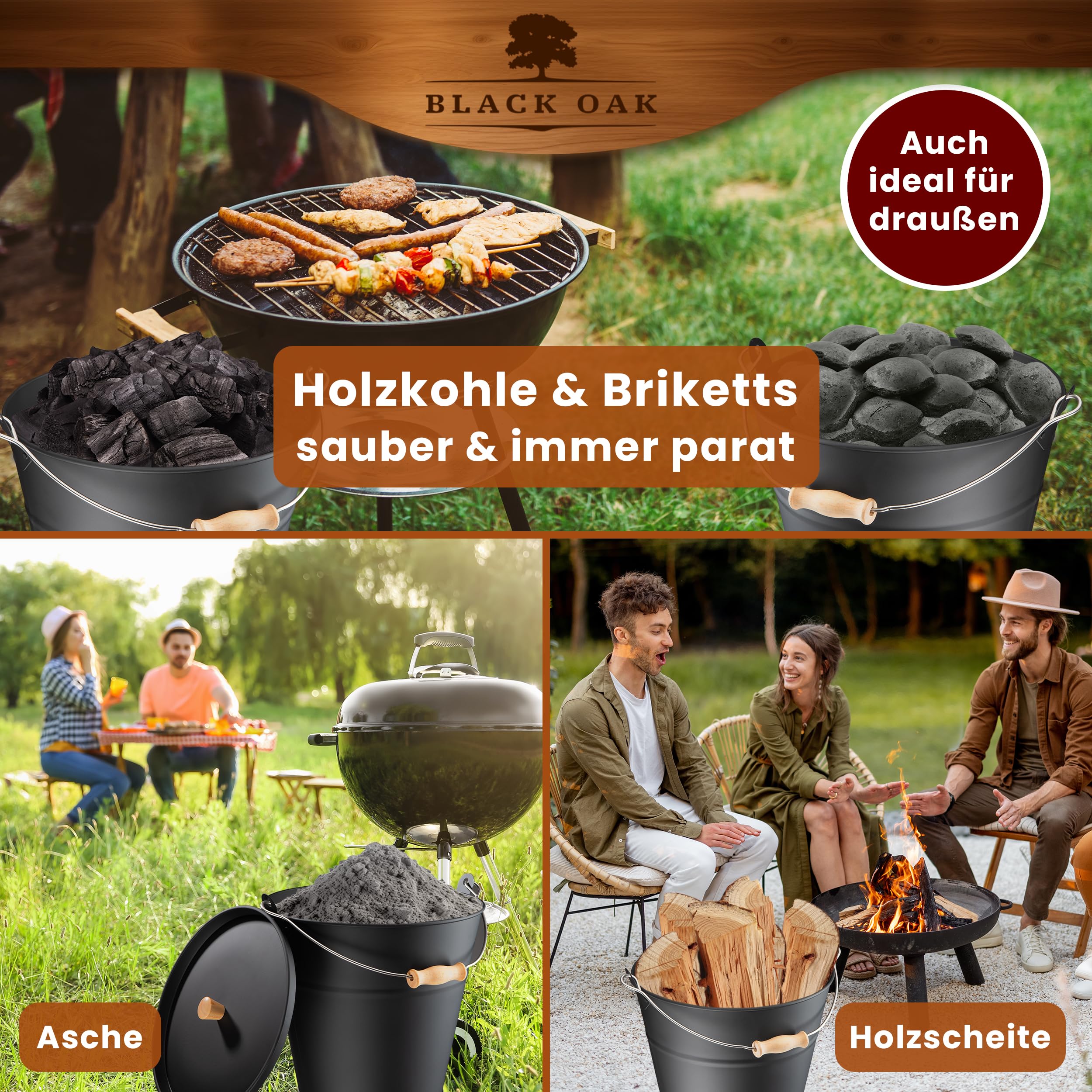 BLACK OAK Cubo de ceniza Fuego 10 l – negro con tapa con mango de madera + cepillo + pala y guantes – 10 l acero galvanizado y recubierto de polvo cubo para cenizas, carbón, pellets accesorios