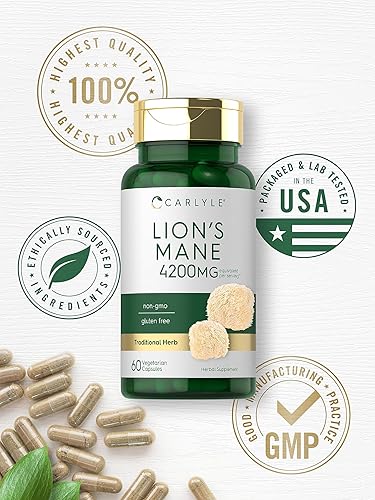 Miniatura 5 de Carlyle Cápsulas de suplemento de melena de leones | 4200 mg | 60 unidades | Extracto de hongo con bioperina | Vegetariano, sin OMG y sin gluten