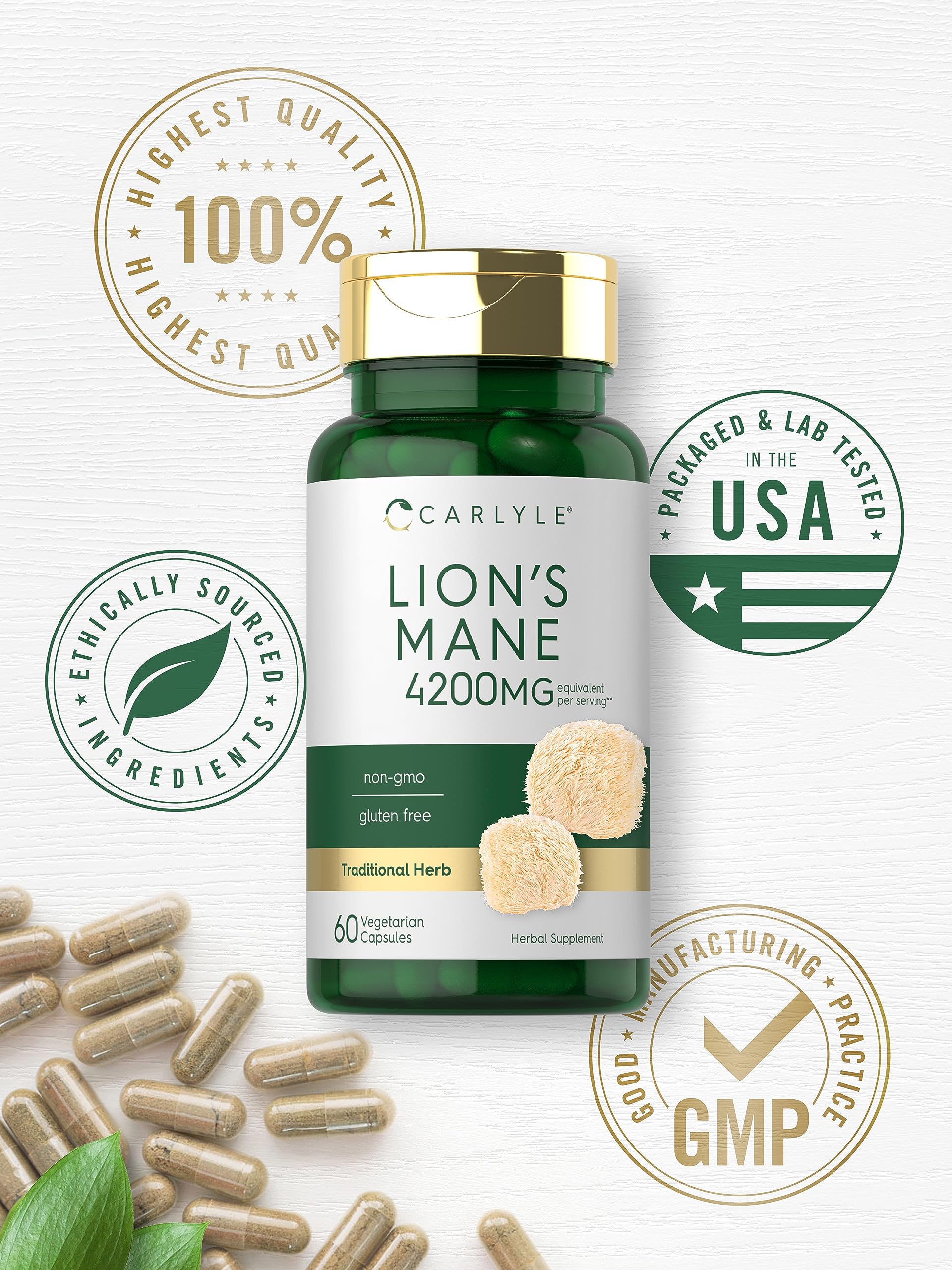 Carlyle Lions Mane Supplement Capsules | 4200mg | 60 Count | Vegetarian, Non-GMO & Gluten Free