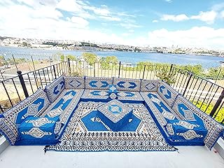 U Shaped Arabic Sofa Set, Terrace Pallet Sofa, Royal Blue Sectional Sofas, Floor Cushions, Arabic Majlis, Pouffs Turkish Floor Seating Set (U Sofa Full Set)