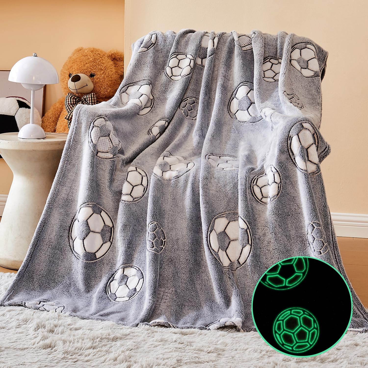 TERRIFI Glow in The Dark Blanket, 50" x 60" Throw Blankets Super Cozy Plush Soft Fleece Blanket for Girls Boys Birthday Gifts, Glow in The Dark Soccer Throw Blanket, for Kids (Light Grey, Football)