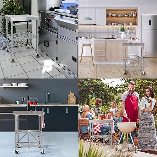 Miniatura 3 de Origami RBT - Carrito plegable para isla de cocina, organizador de mesa de almacenamiento con ruedas, color plateado