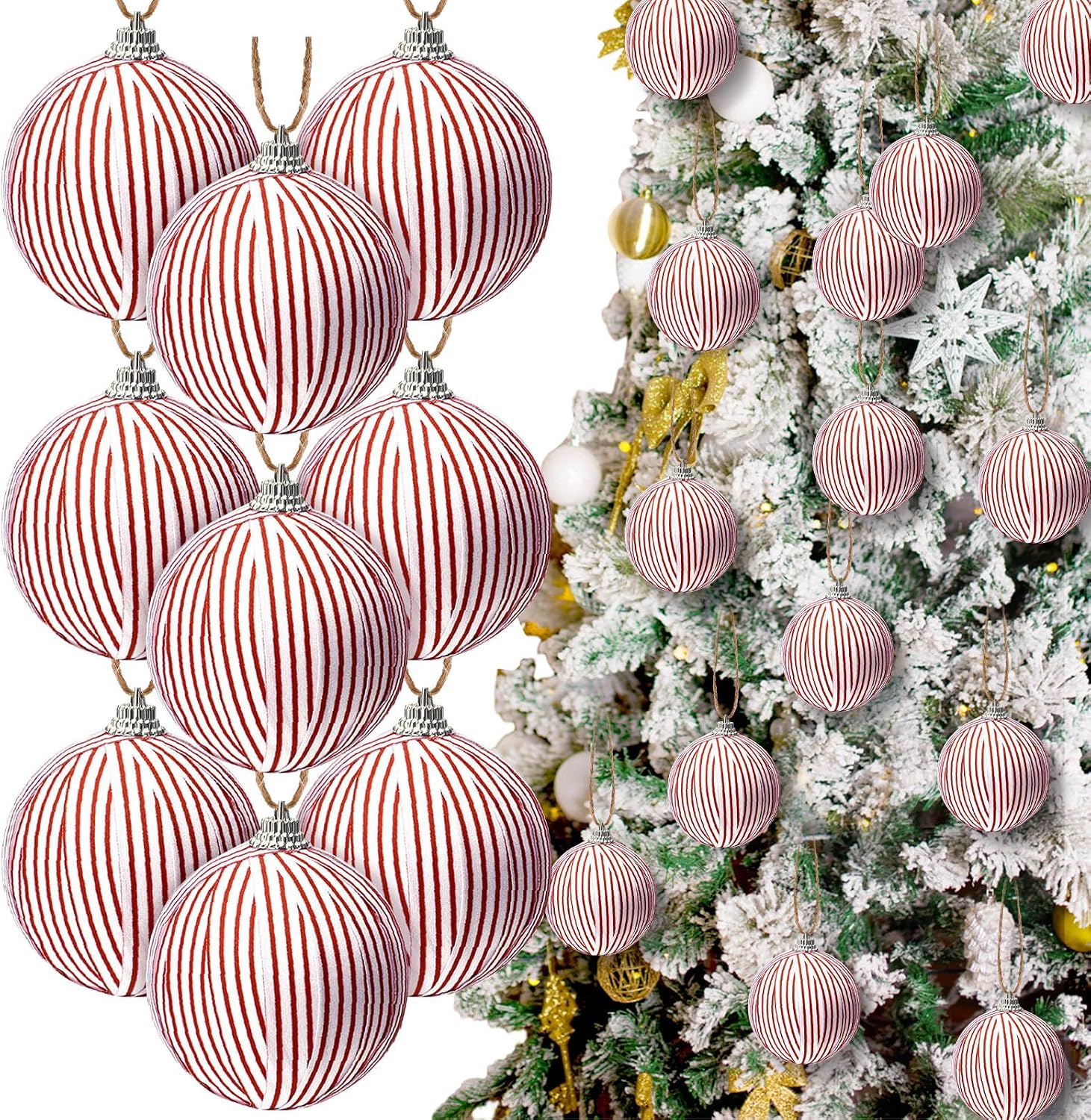 GlikCeil 12 Pcs Christmas Ornaments Farmhouse Stripe Fabric Wrapped Ball | 2.4 In, Red and White Christmas Tree Ornaments, Xmas Hanging Balls for Xmas Tree Decorations, Rustic Holiday Decor Accents