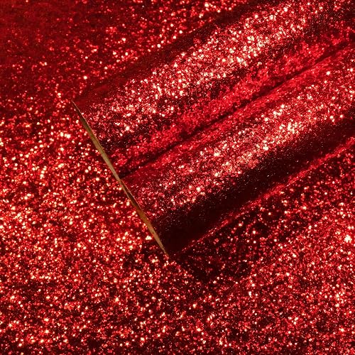 CHIHUT 17.7"x236" Red Glitter Wallpaper Peel and Stick Shiny Glitter