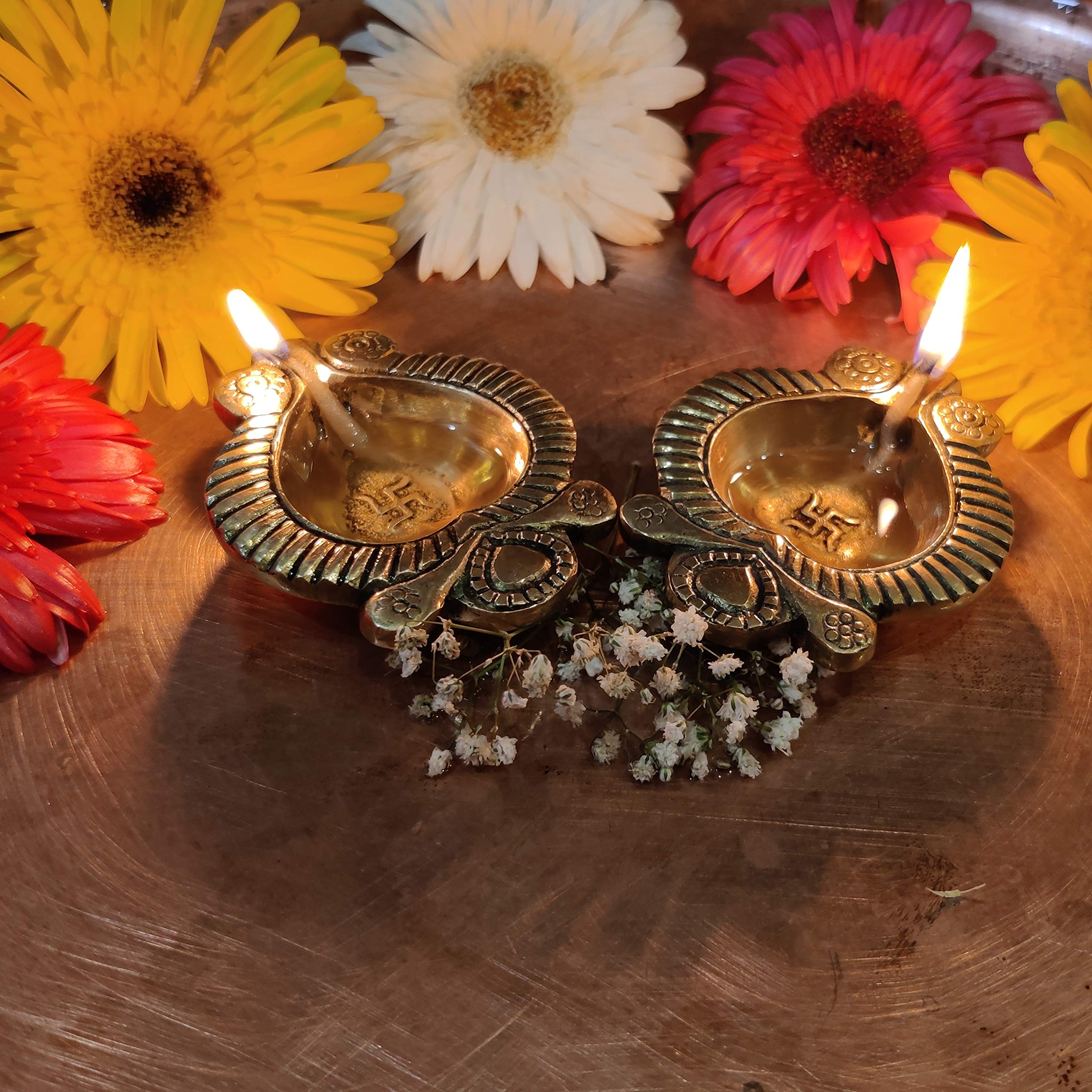 Divya Mantra Swastik Laxmi Brass Diya Indian Diwali Oil Lamp Pooja Light Puja Decorations Mandir Decoration Items Handmade Table Home Backdrop Decor Lamps Made in India Decorative Diyas - Gold (4) - Image 4 thumbnail