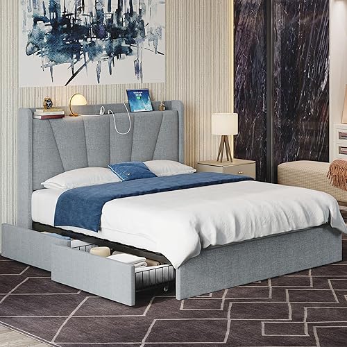 LIKIMIO Queen Bed Frame with Upholstered Headboard, Platform Bed with Storage Drawers and Outlets, Sturdy, Noiseless, No Box Spring Needed, Easy Assembly, Light Gray