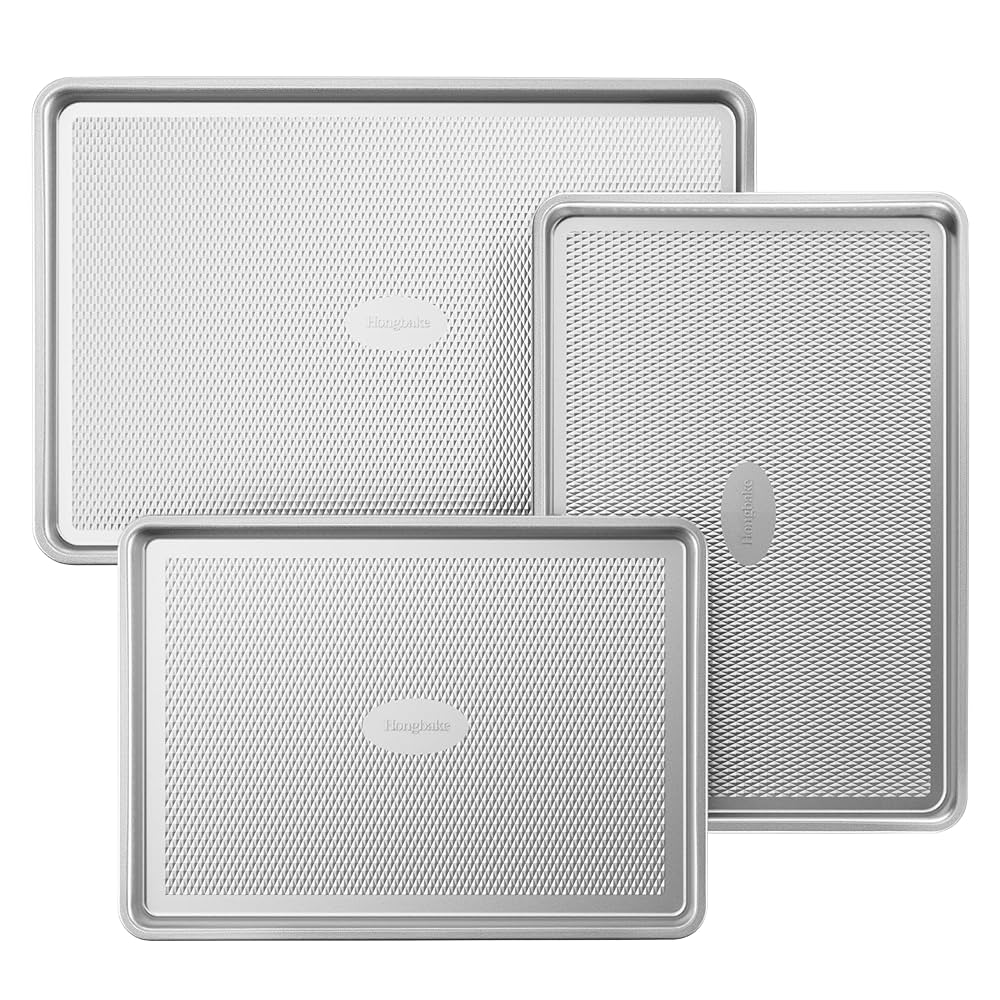 HONGBAKE Naturally Non Toxic Baking Sheet Pan Set of 3, Heavy Duty Aluminized Steel Cookie Sheets, Half/Quarter/Jelly Roll Pans with Textured Nonstick Surface, Free of PTFE & PFOA