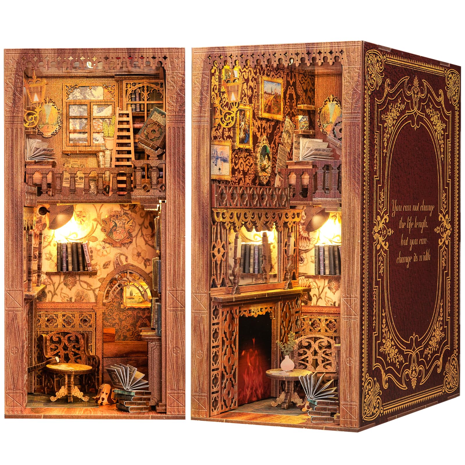 Fsolis Book Nook 3D Madera Rompecabezas,DIY Mini Kit de Casa de Muñecas,DIY Book Nook Kit de Construcción de Modelo de Esquina de Libro de Sujetalibros de Madera,Regalo con luz LED