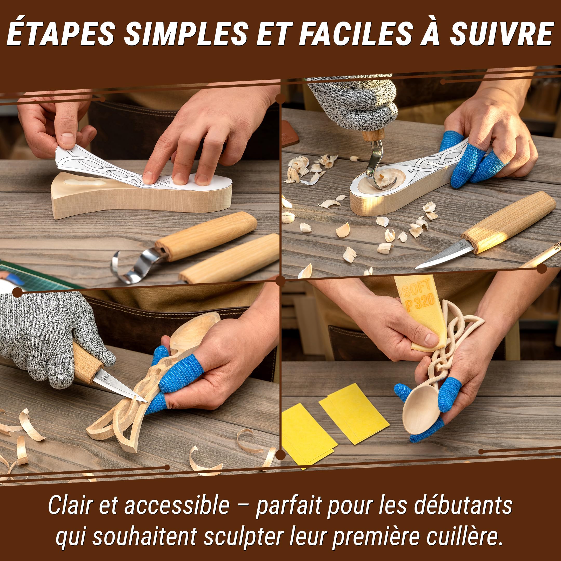 BeaverCraft DIY04 Kit de sculpture de cuillères en bois pour débutants – Ensemble de couteaux Sloyd et crochet, ébauche en tilleul – Kit de sculpture sur bois pour adultes et enfants