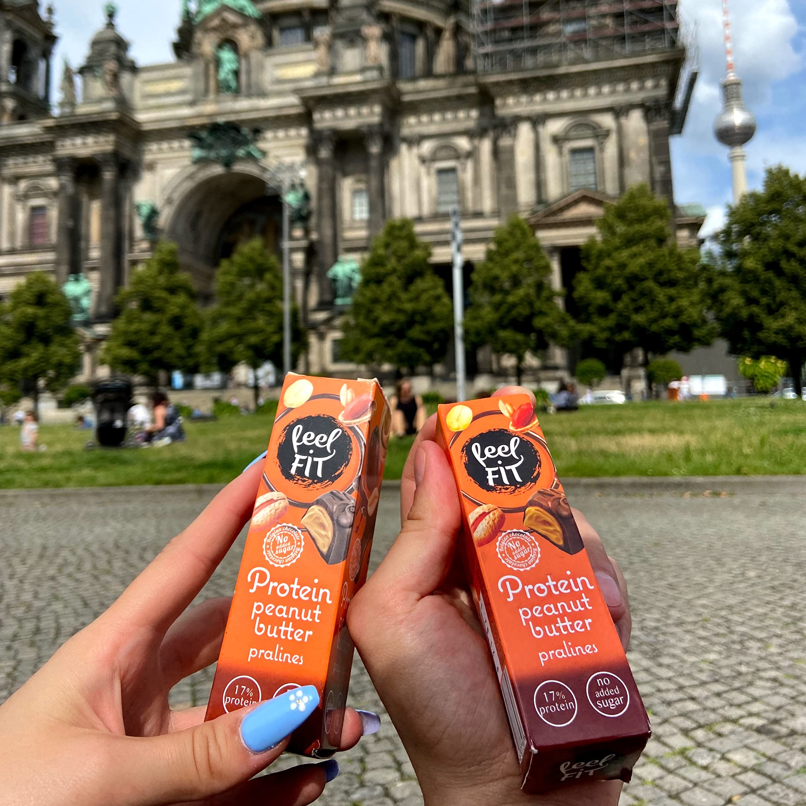 Feel FIT Protein Beurre de cacahuète Pralinés au chocolat au lait belge. Sans sucre, sans gluten, protein snack (12 x 33 g)
