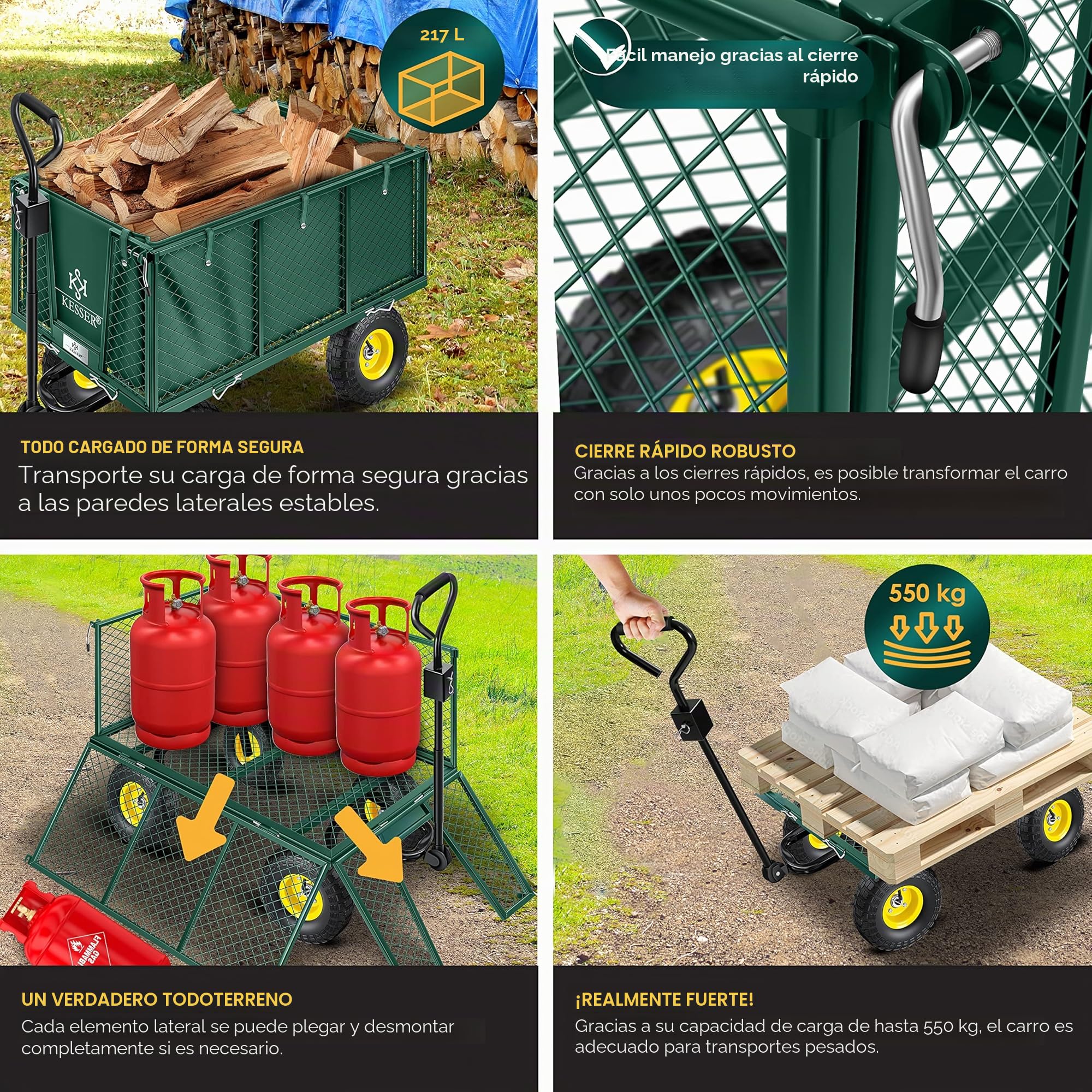 KESSER® 550 kg Carro de Mano, Carro de jardín, Carro de Transporte, Lona Desmontable, Carro de Equipamiento, Versátil, Incluye Guantes, Verde