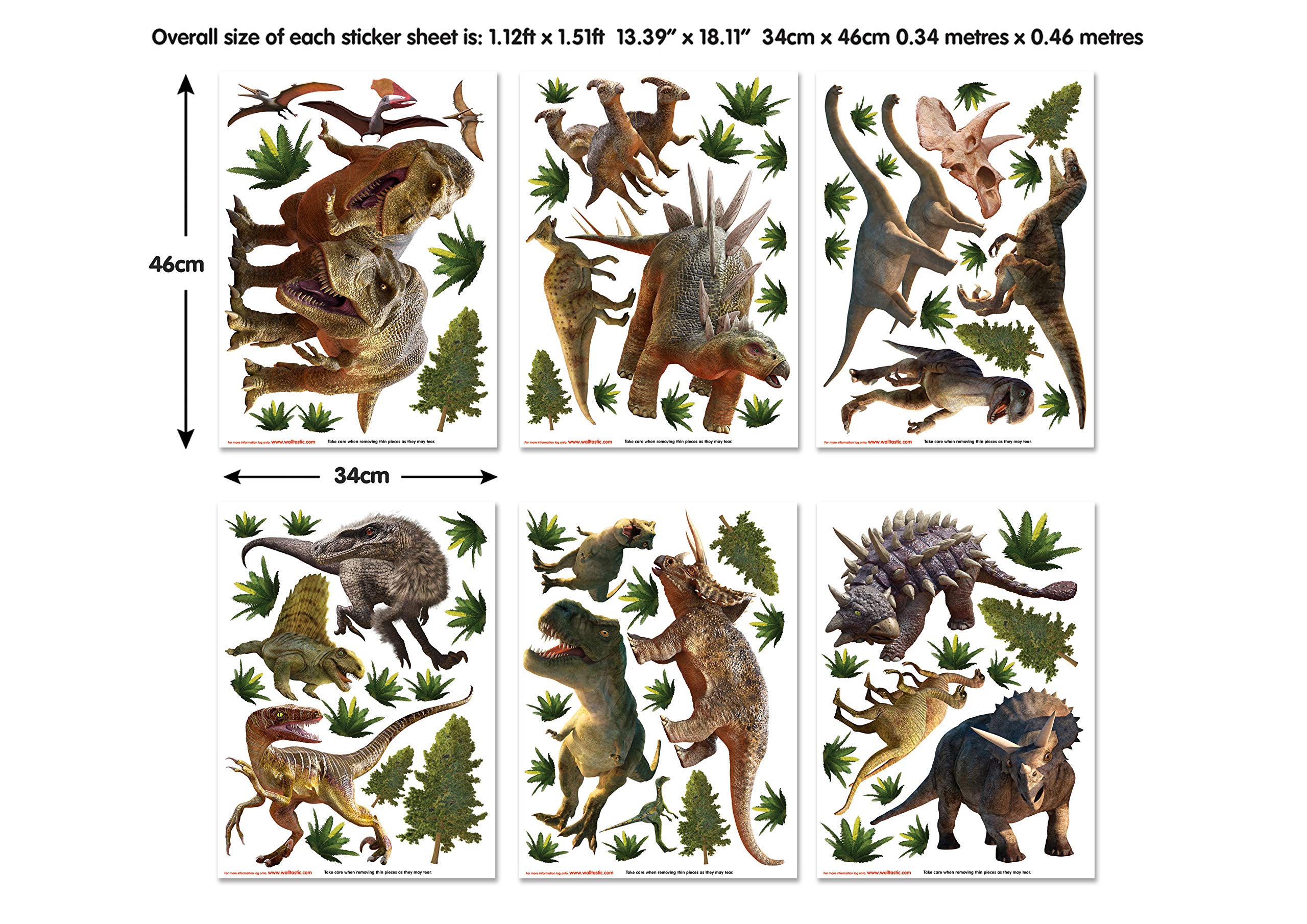 Walltastic Dinosaur Land 46535, zestaw do dekoracji pokoju, 6 dużych prześcieradł, 34 cm x 46 cm