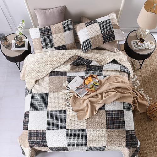 Miniatura 2 de SahSahCasa Juego de edredón tamaño King, juego de edredón 100% algodón, colcha de retazos de granja, colcha rústica reversible a cuadros, azul, rojo