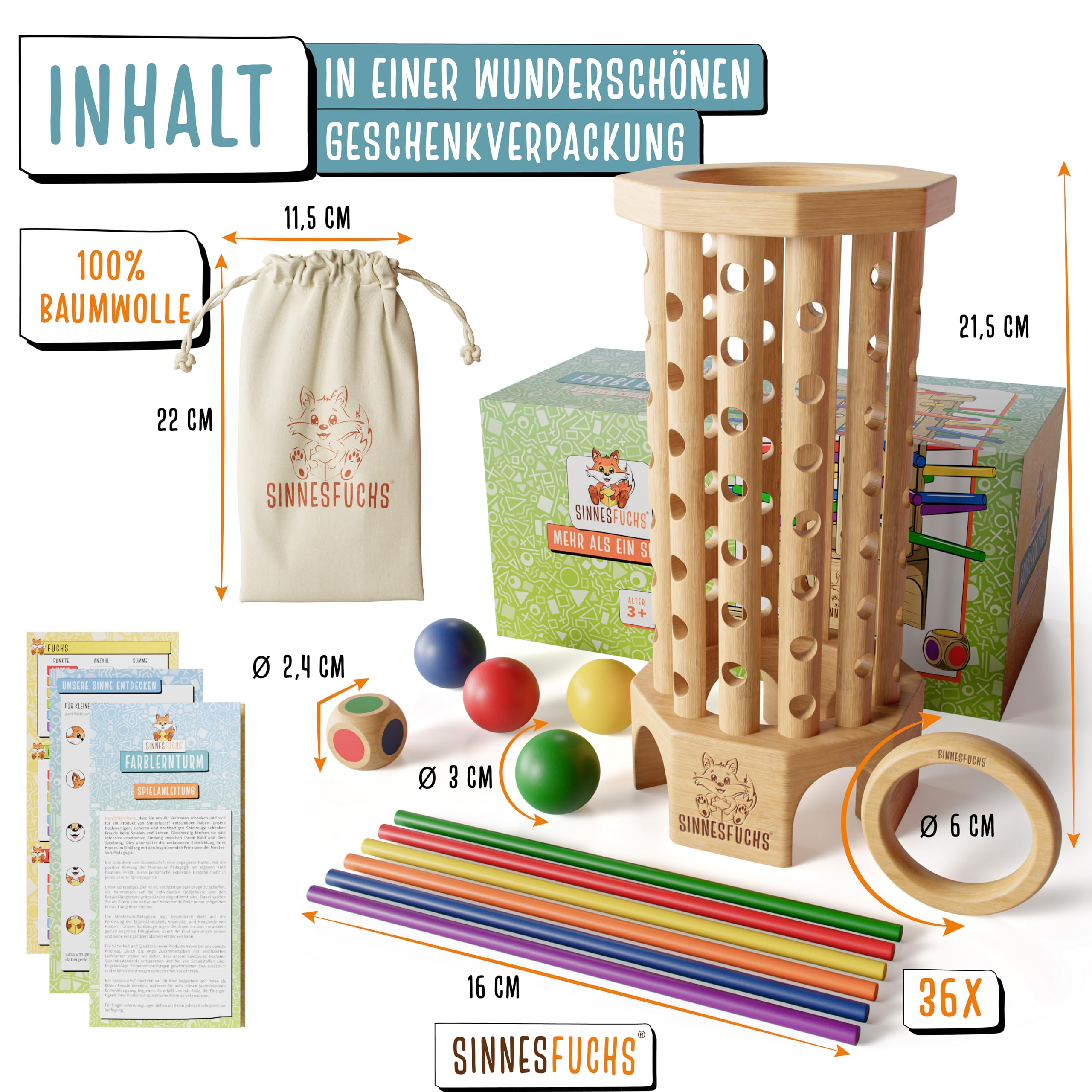 Farblernturm - FSC® 100% - Montessori Spielzeug ab 3 Jahre - Holzspielzeug pädagogisch wertvoll - Lernspiele ab 3 Jahre - Kinder Farben Stäbchen Holz Spiel - Kinderspiele ab 4 Jahre