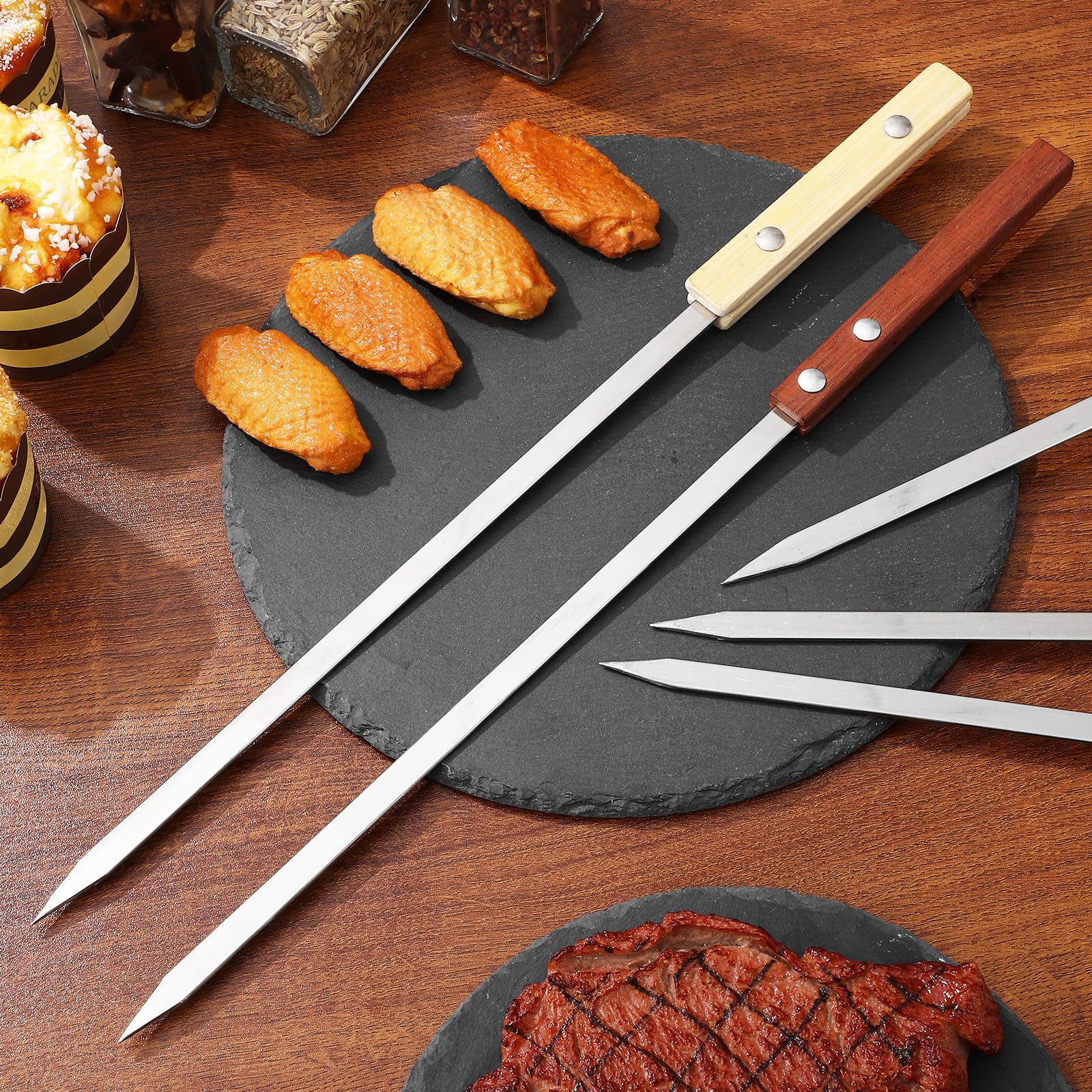 Abaodam 12 Spiedini per Barbecue in Acciaio Inox con Manico in Legno Rosso e Bamboo, Bastoncini per Griglia Portatile 40cm, Accessori per Grigliate All’aperto per Campeggio e