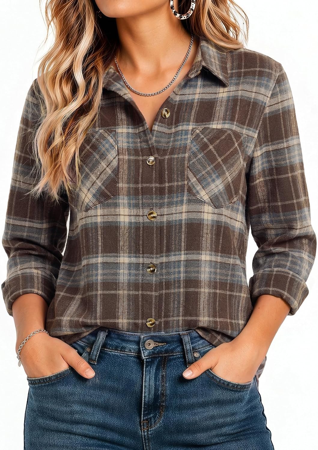 Zeagoo Womens Flannel Plaid Shirts Long Sleeve Button Down Tops Work Blouse | 2026 Fall Outfits,Western Winter Clothes,Retro Solo or Layered,Travel Wear
