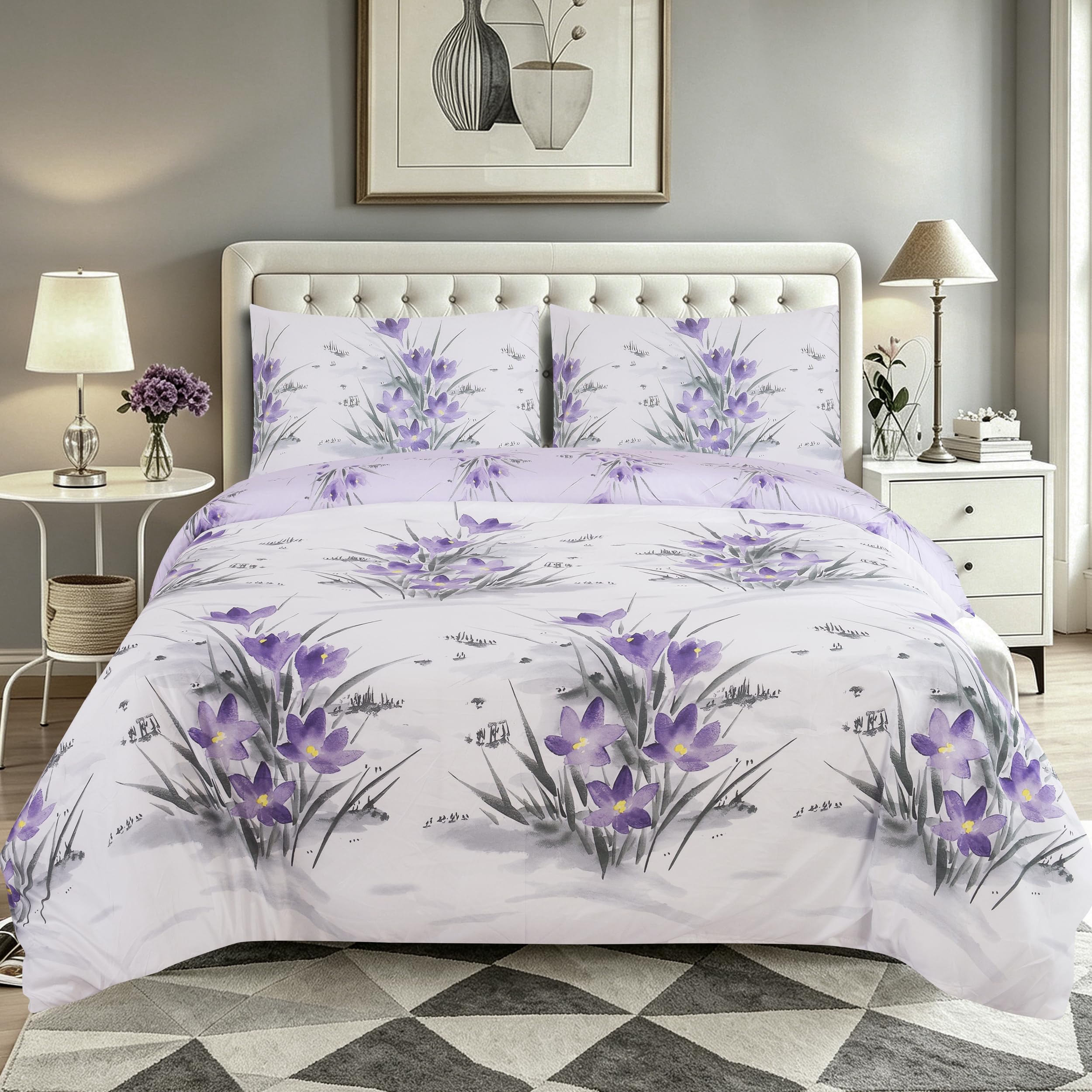 CHARKHAH 4 Piece Reversible Duvet Cover Set, Soft Brushed Microfibre Bedding with Fitted Sheet & 2 Pillowcases, Breathable Anti-Allergy Easy Care – Single, Double, King & Super King