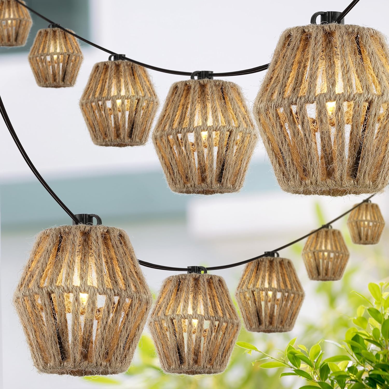 JONATHAN Y 10' 10-Light Brown Woven Hemp Rope Lantern String Lights, Mid-Century Classic Indoor/Outdoor Hanging Lights for Patio or Porch, UL Listed, LED Bulbs Included JYL8708A