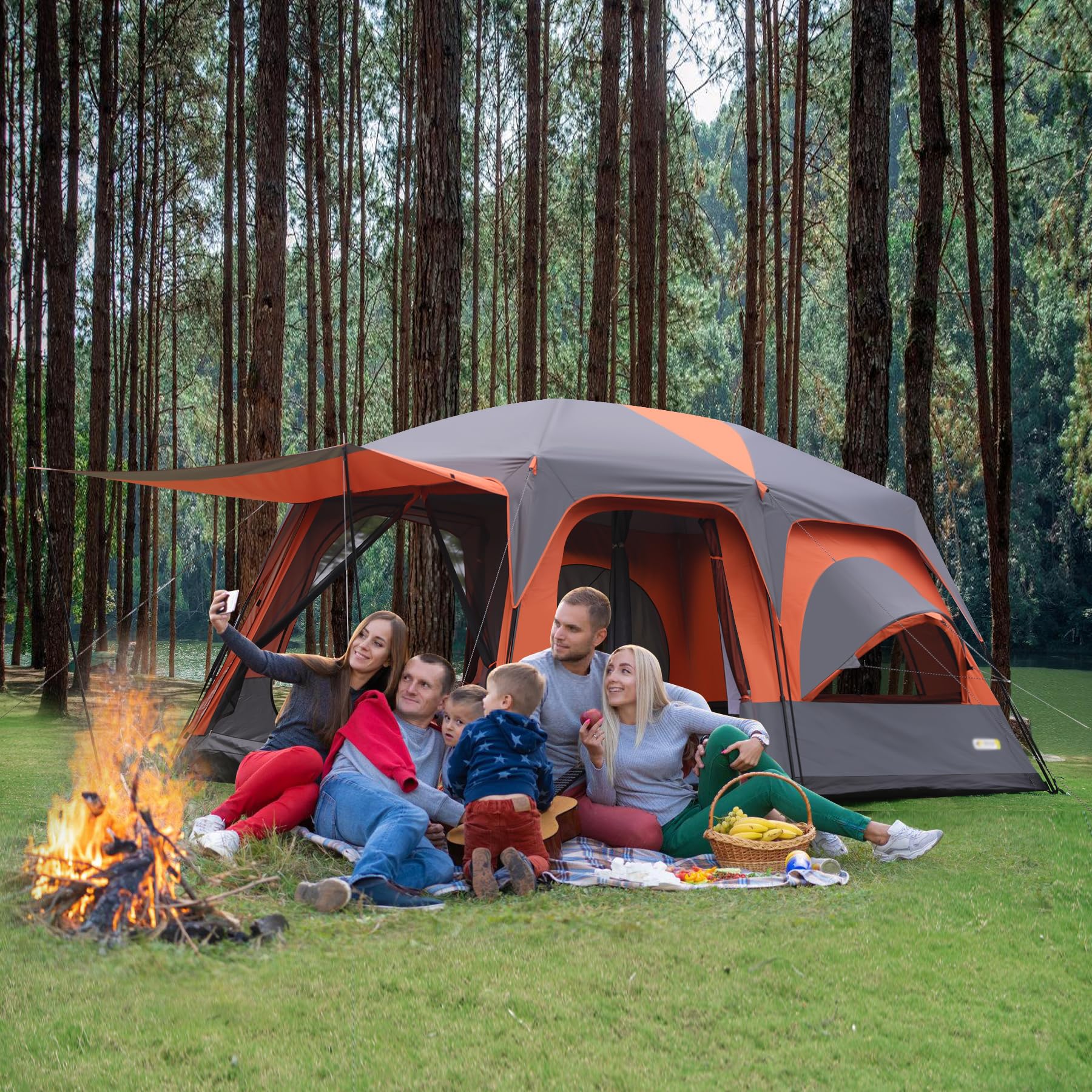 8-10-12 Person Camping Tent, 2 Room Family Tent with Zippered Divider, Porch, Rainfly, Extra Large Waterproof Cabin Tent with 3 Mesh Doors & Windows, Easy Setup 7.1 ft Tall Tent for Outdoor Camping