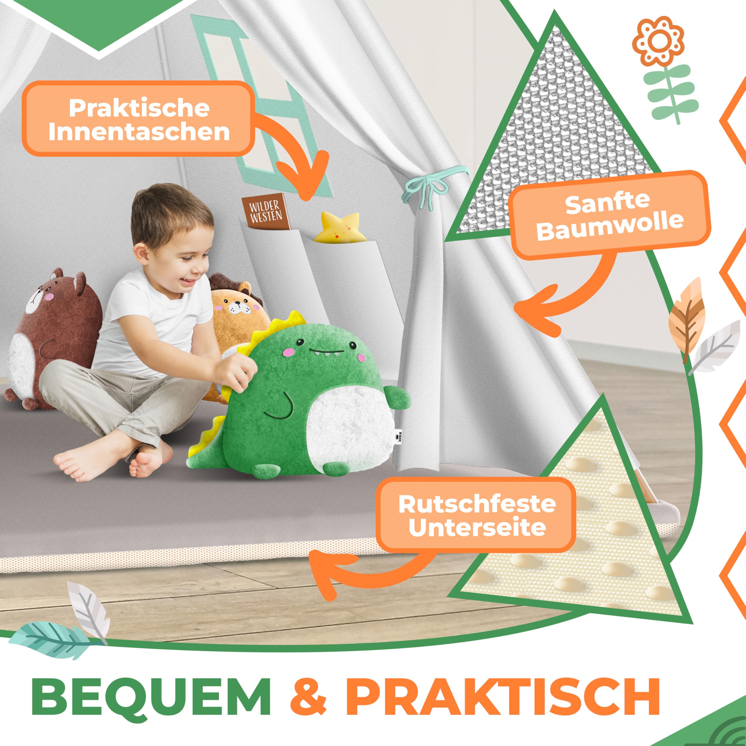 KIDIZ Tente de jeu pour enfant - 100 x 100 x 160 cm - En coton - Avec guirlande lumineuse LED, étoiles lumineuses, guirlande de drapeaux, 3 animaux en peluche, tapis et sac de transport - Pour