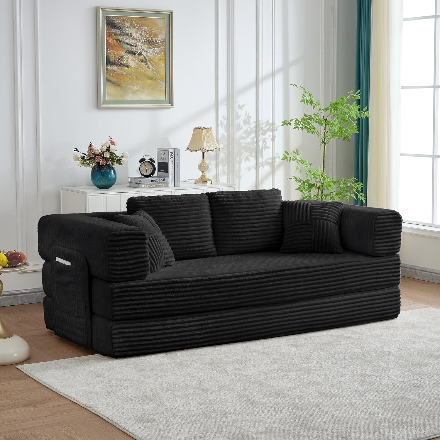79.5" Folding Convertible Sofa Bed with Side Storage Pockets, 4-in-1 Corduroy Boneless Couch, No Assembly Loveseat Sleeper, Floor Sofa Daybed Futon Couch for Living Room Bedroom Lounge, Black Upgraded