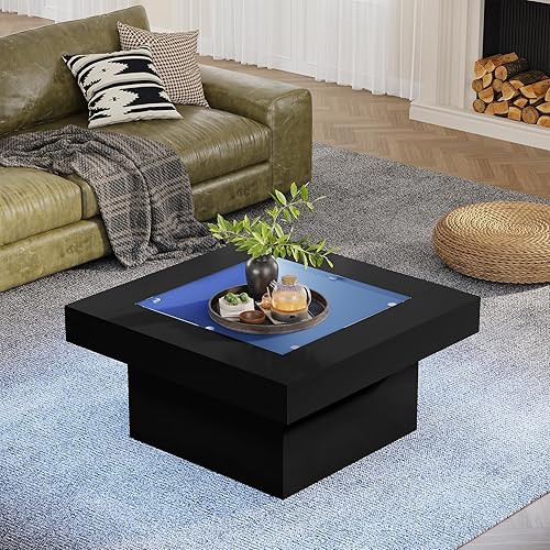 Miniatura 6 de Mesa de centro cuadrada con luces LED, mesas de centro de 35.4 pulgadas para sala de estar, mesa de centro de cristal templado, mesa central moderna