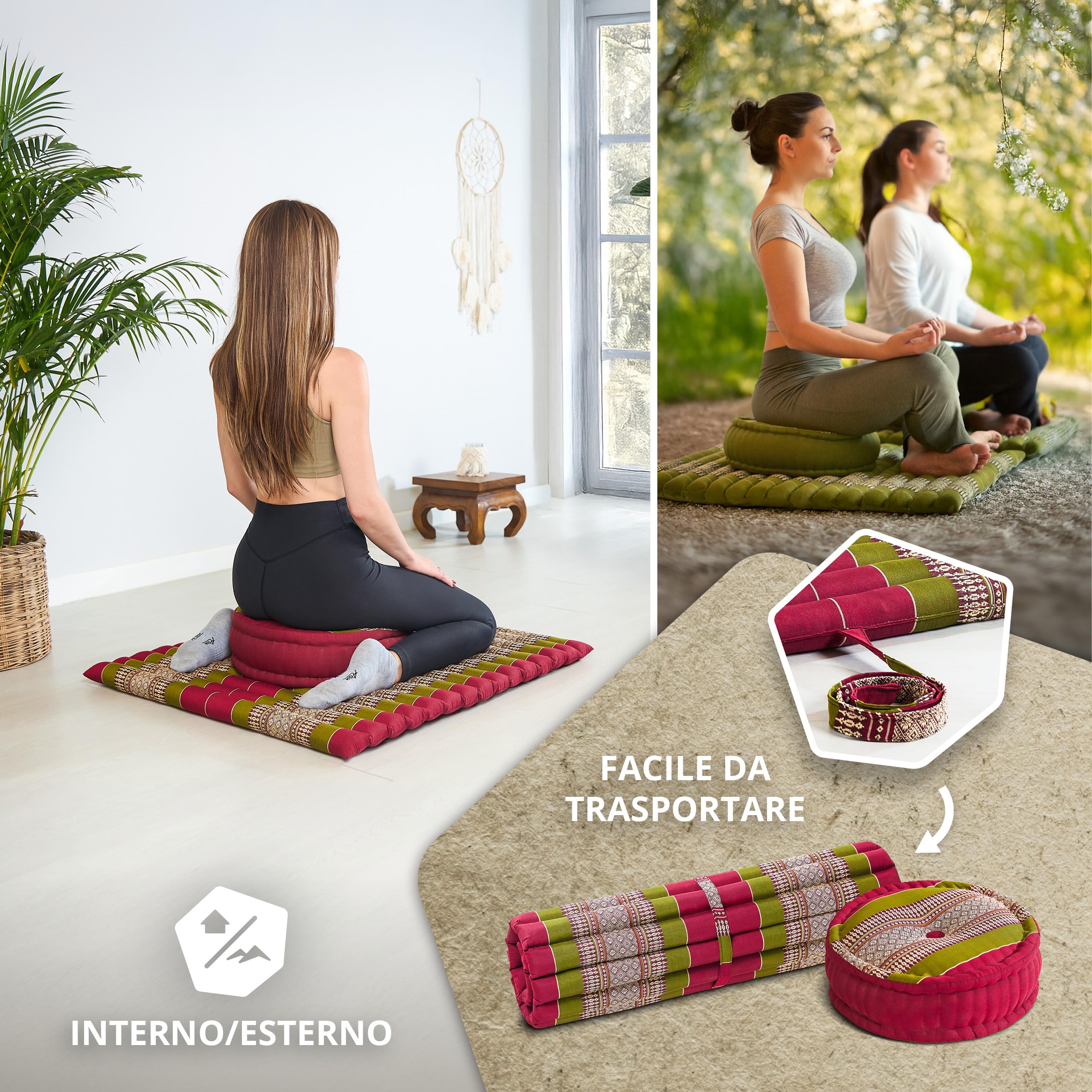 livasia Set Meditazione XL - Ø 38x15cm/tappetino 75x75x4,5cm - Set Yoga Cuscino e Tappetino, Pouf, Tappetino e Cuscino Yoga Fatti a Mano con kapok, Cuscino Pavimento, Cuscino zafu (Rosso/Verde)