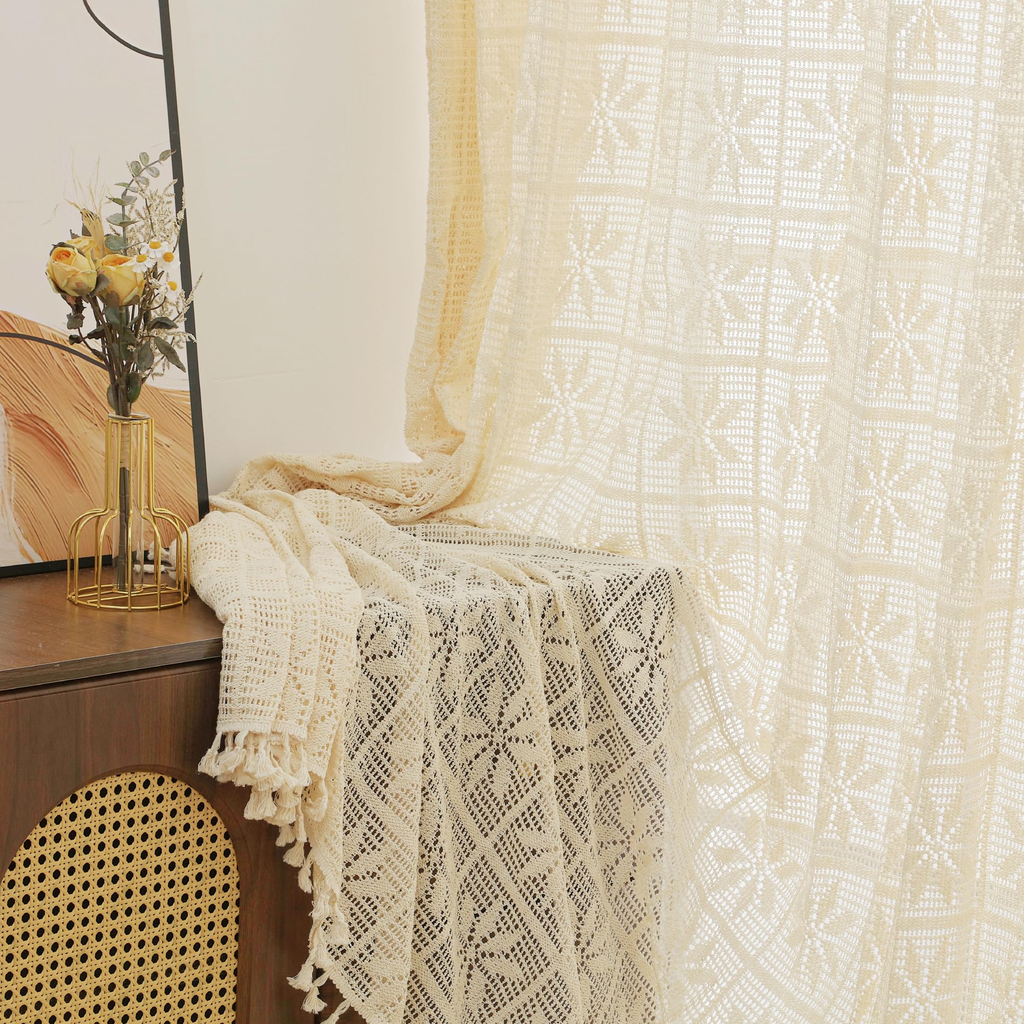 RUIXUAN Lot de 2 rideaux bohèmes vintage - Style maison de campagne - En coton - Beige - Avec pompon - Pour salon, chambre à coucher - 150 x 230 cm (l x H)