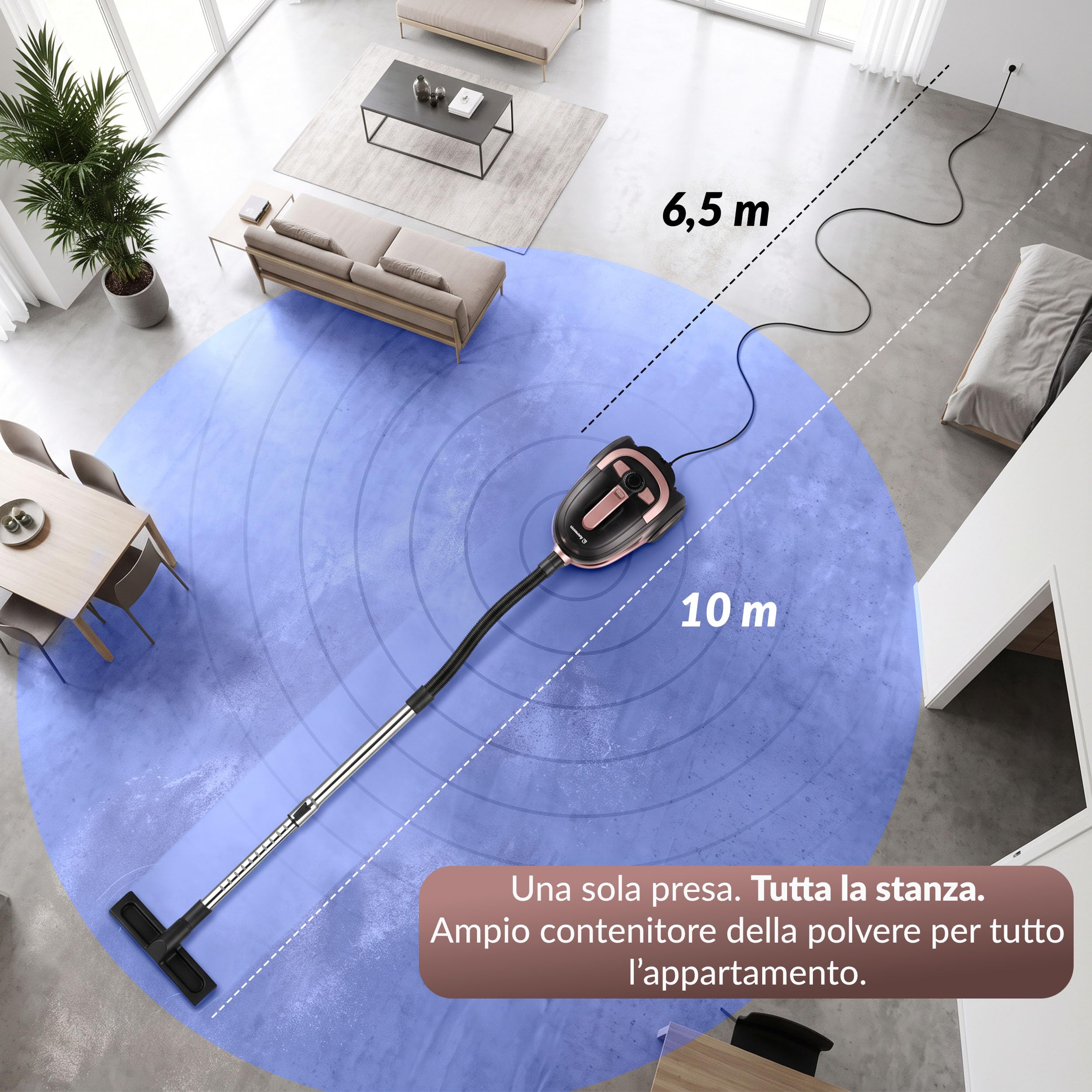 LEHMANN Aspirapolvere a Traino senza Sacco, Potente Tecnologia Ciclonica, Filtro HEPA Doppio, Capacità Serbatoio 2,5 L, Raggio d’azione 9 m, Set 5 Accessori con Spazzola Turbo per Peli Animali