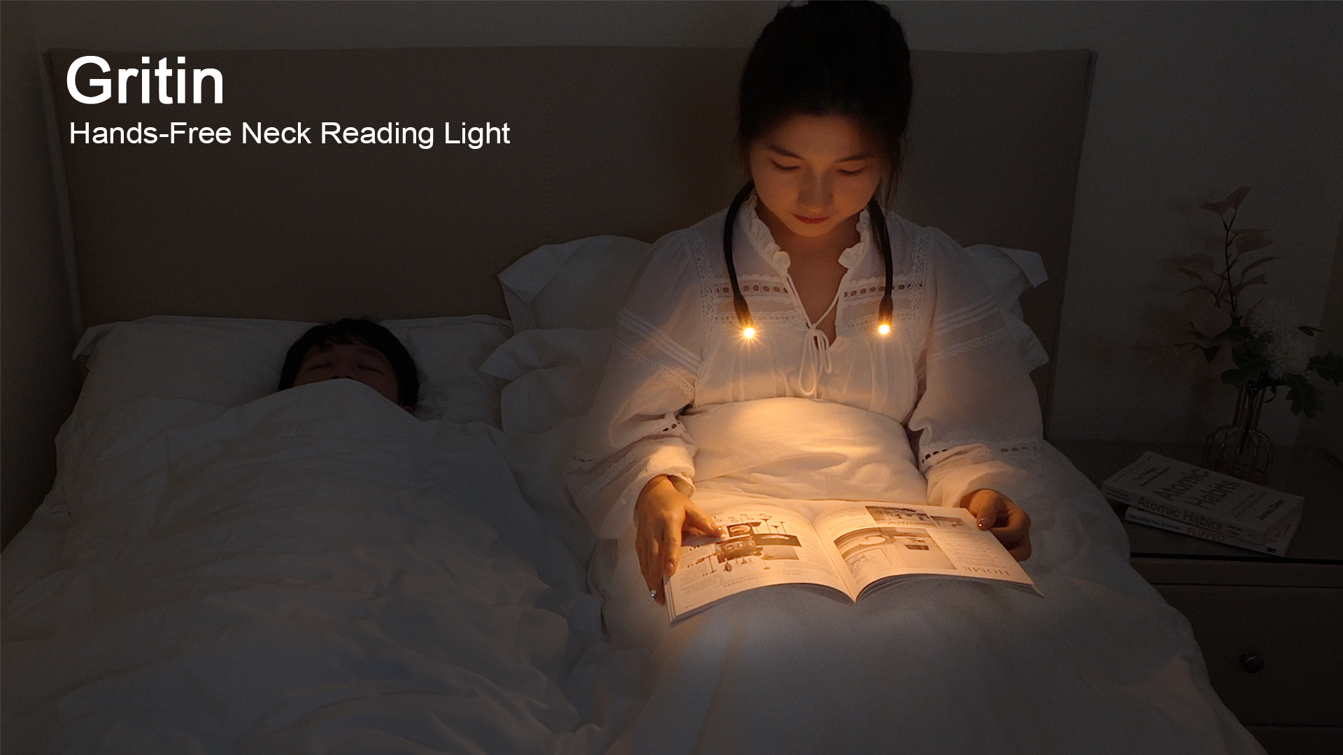 Image of Gritin Book Light,Eye Caring 3 Colors & Stepless Dimming Neck Reading Light | 80+Hrs Runtime, Bendable Round Neck Design, Lightweight for Reading, Knitting, Repairing