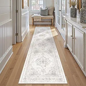 Runner Rug 3x12 Washable Light Gray Hallway Runner Vintage Boho Medallion Non Slip Grey Distressed Retro Carpet Indoor Low Pile Long Soft Rug for Kitchen Entryway Bedroom Bathroom Laundry