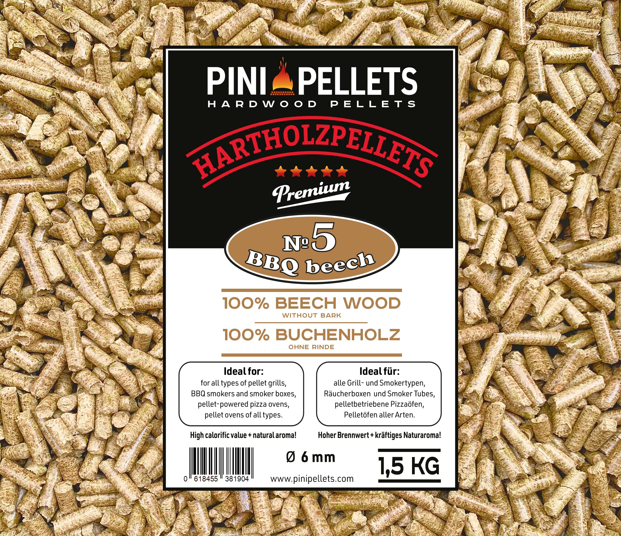 PINIBeech Wood Pellets, 100% Natural, 1.5 kg, Ideal for Grilling, Smoking, Pizza Ovens