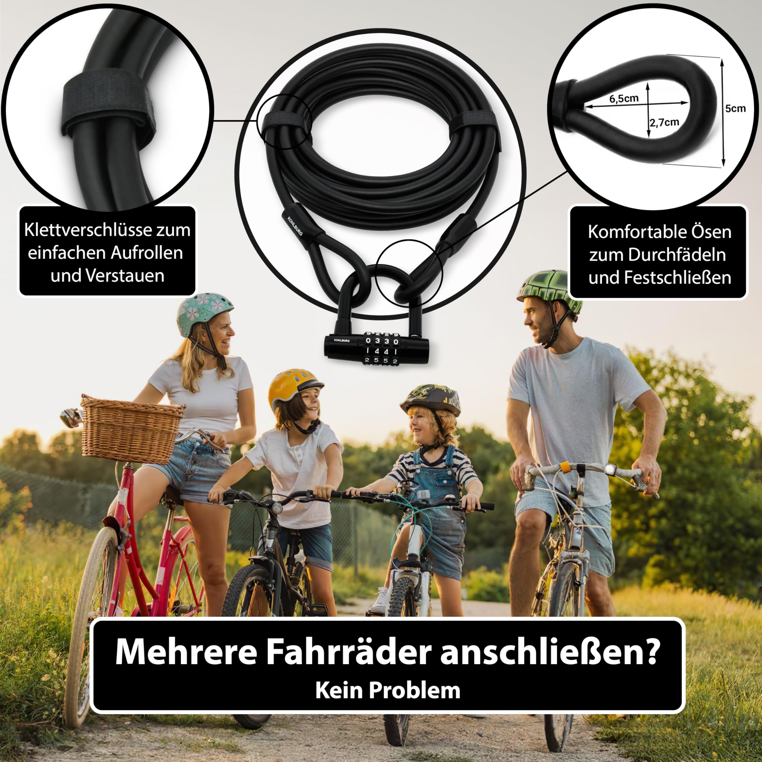 KOHLBURG 10 Meter Kabelschloss Zahlenschloss - 1000cm Stahlseil ummantelt mit Klettverschlüssen & Zahlen Schloss - für mehrere Fahrräder Boot Terasse Gartenmöbel - Stahlkabel Fahrradschloss 10m lang
