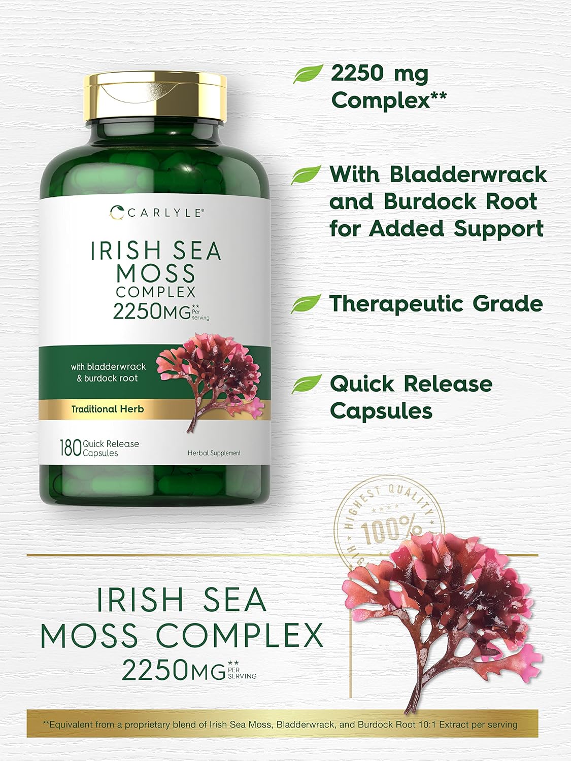 Irish Sea Moss Capsules 2250mg | 180 Count | Complex Formula with Bladderwrack & Burdock Root | Non-GMO & Gluten Free | by Carlyle