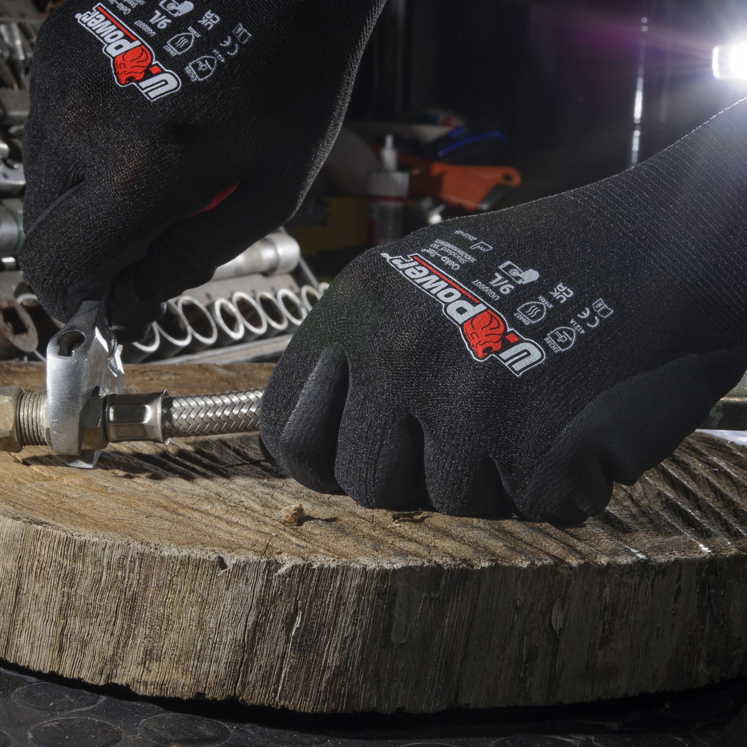 U Power Guantes de trabajo Flnt con soporte elástico de nailon recubrimiento de espuma de nitrilo refuerzo entre los dedos índice de protección contra riesgos mecánicos térmicos color negro rojo