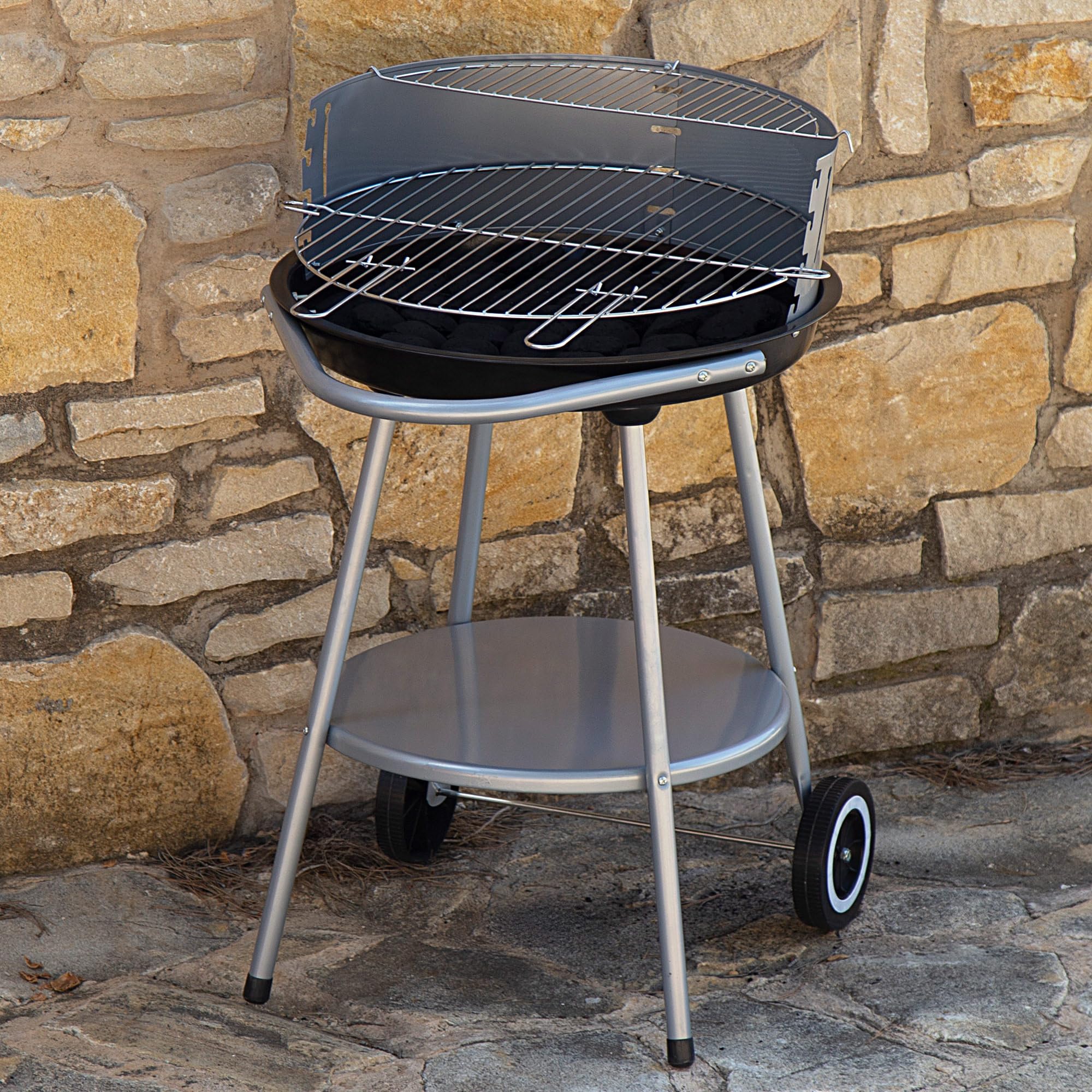AKTIVE Barbecue rotondo a carbonella Ø51x51x82 cm, Facile da trasportare e portatile, 4 altezze regolabili, Include due griglie in acciaio e due comandi rimovibili