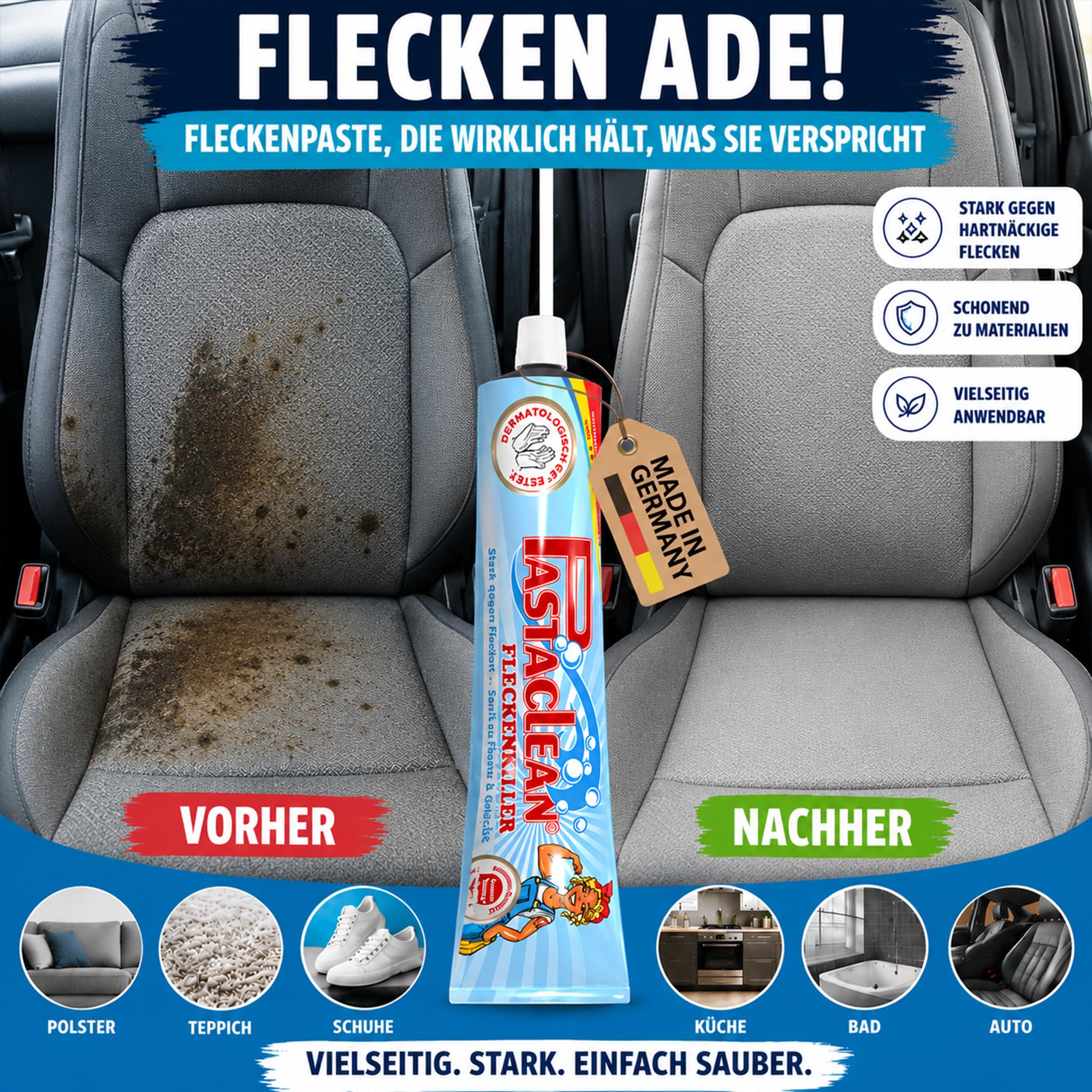 Pastaclean Fleckenpaste, Fleckentferner für alle Fleckenarten, 4x 100ml + Schwamm