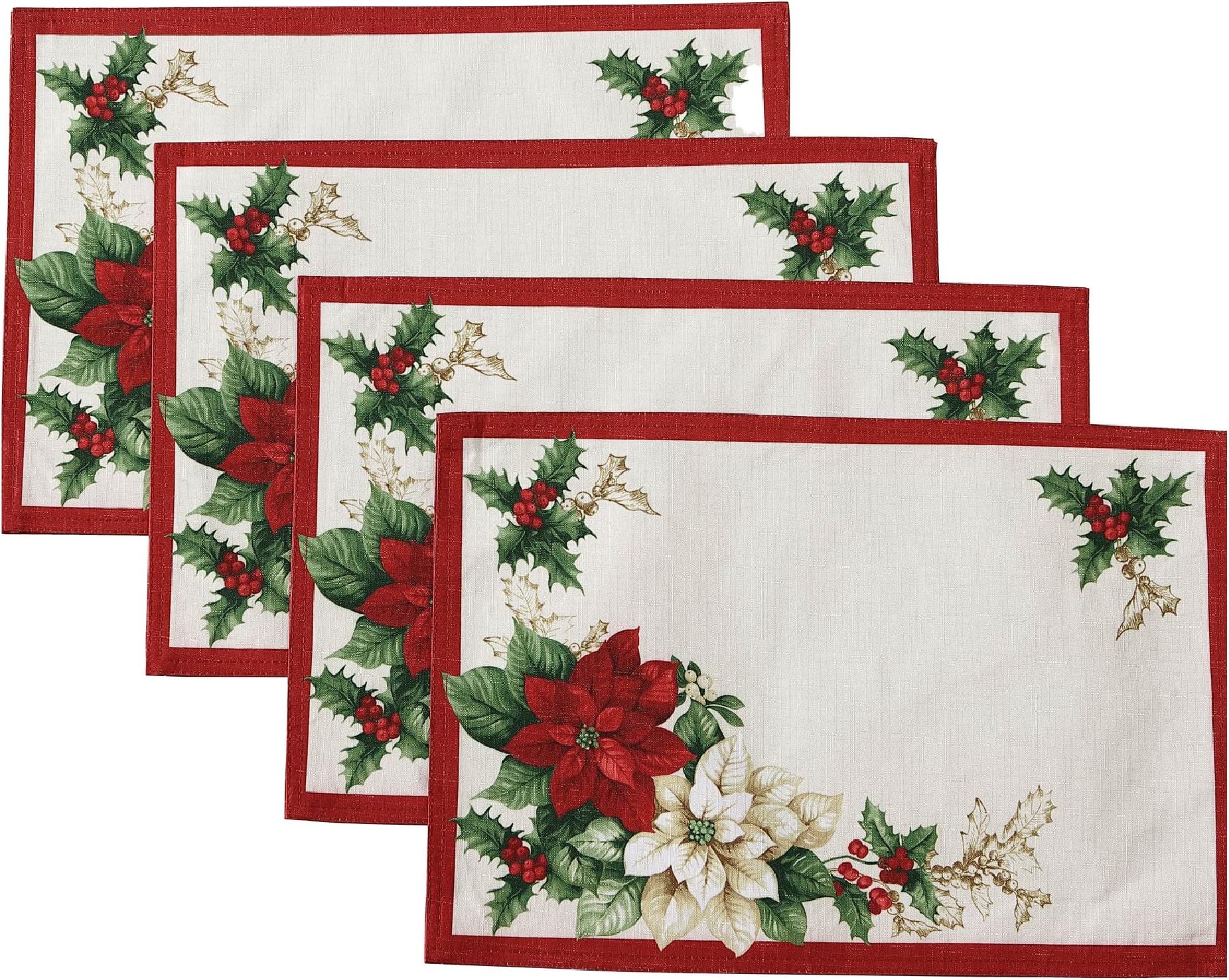 Home Fashions Red and White Poinsettia Holiday Fabric Placemats, Christmas Mats for Table Decor, 13 Inches x 19 Inches, Set of 4