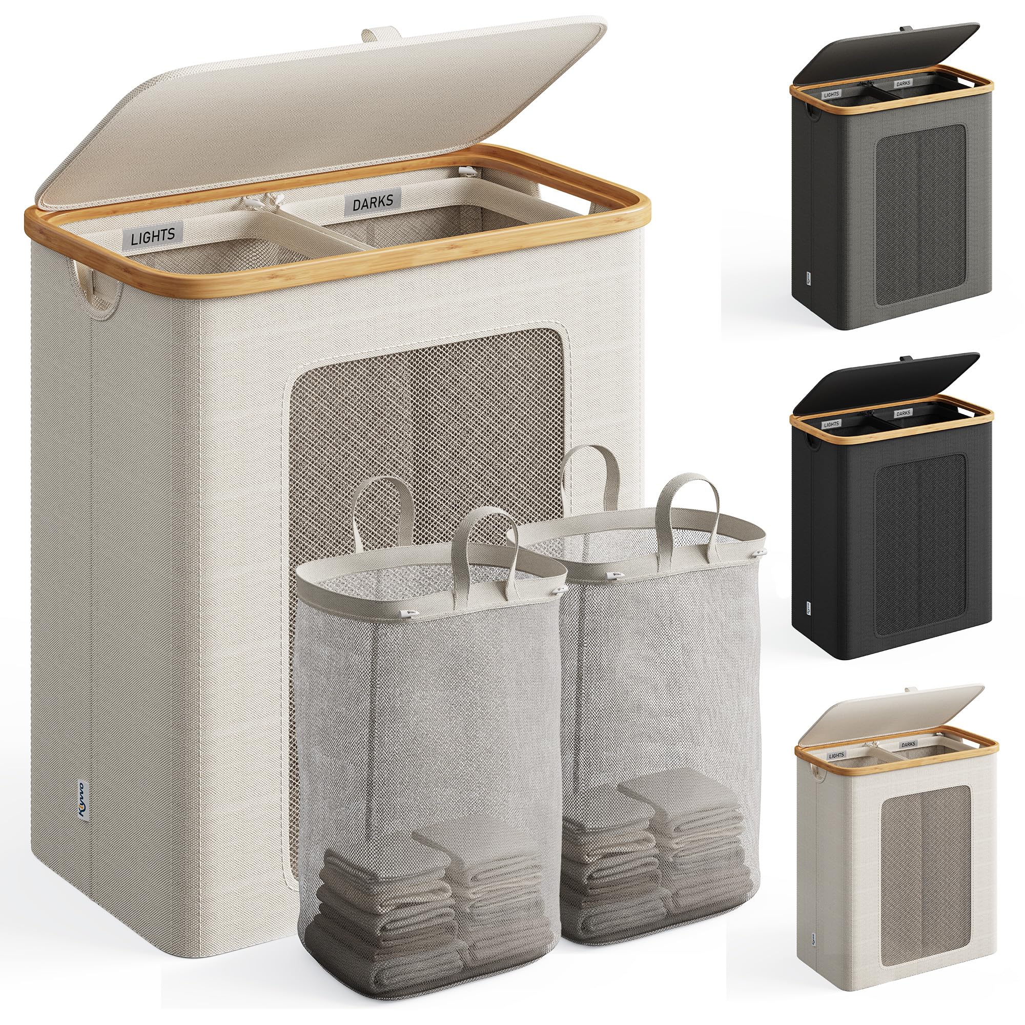 Panier à Linge 2 Compartiments avec Couvercle 140L, en Cadr Bambou & Tissu Oxford 600D Étanche, panier linge sale avec Sacs Intérieurs Amovibles, parfait pour la Buanderie, la Chambre, Beige