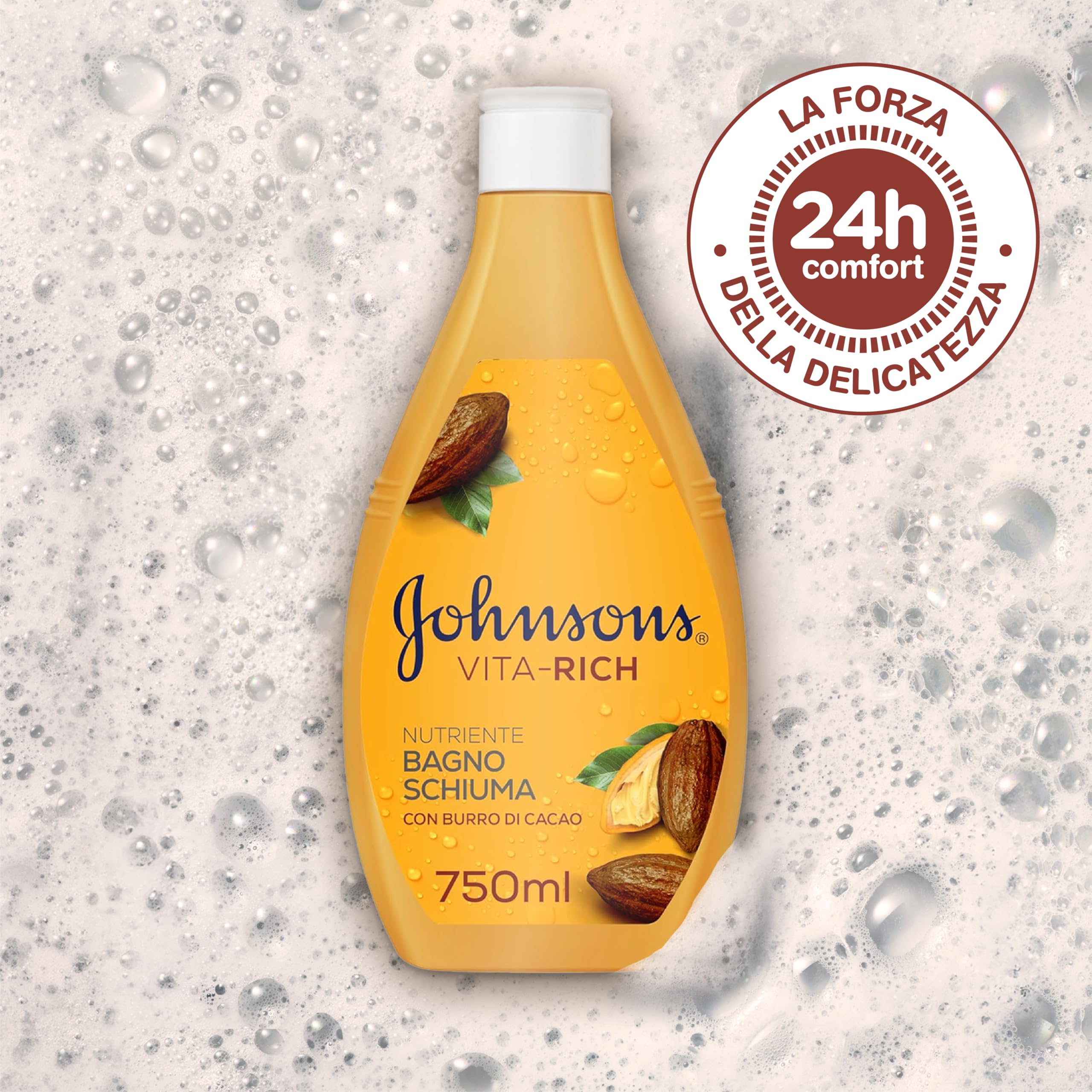 Johnson's Vita-Rich Bagnoschiuma Nutriente, Bagnodoccia con Burro di Cacao e Glicerina di origine vegetale, Docciaschiuma delicato e idratante per una pelle profumata e dall'aspetto sano, 750 ml