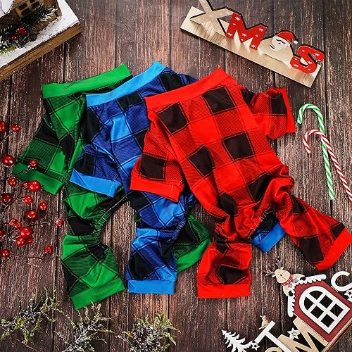 Miniatura 4 de Pijama de Navidad para perro, 3 piezas, overol de búfalo rojo, a cuadros, pijamas para mascotas, pijamas lindas para perros pequeños, medianos,