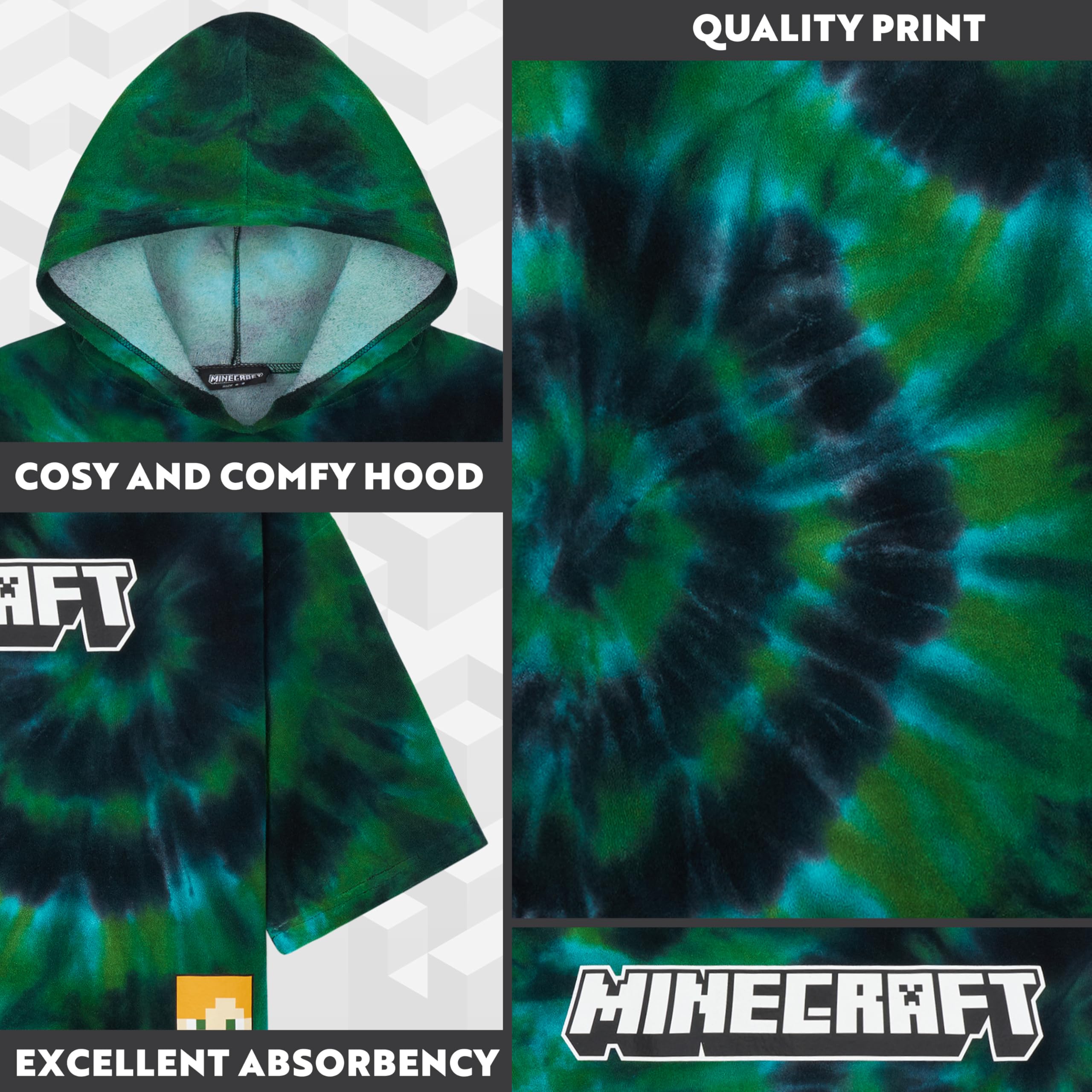 Minecraft Bath Towel with Hood for Kids and Teenagers Changing Robe Absorbent Creeper Poncho Towel for Swimming Bath Shower Beach Holiday Essentials (Multi Tie Dye - Image 4