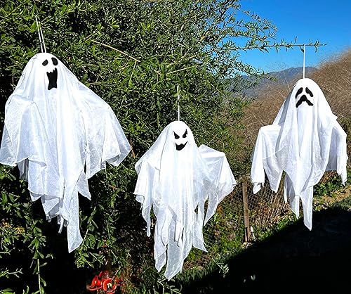 GIFTEXPRESS 3 fantasmas colgantes de Halloween de 25 pulgadas, lindos fantasmas de emoji voladores para patio delantero, patio, ley, jardín,