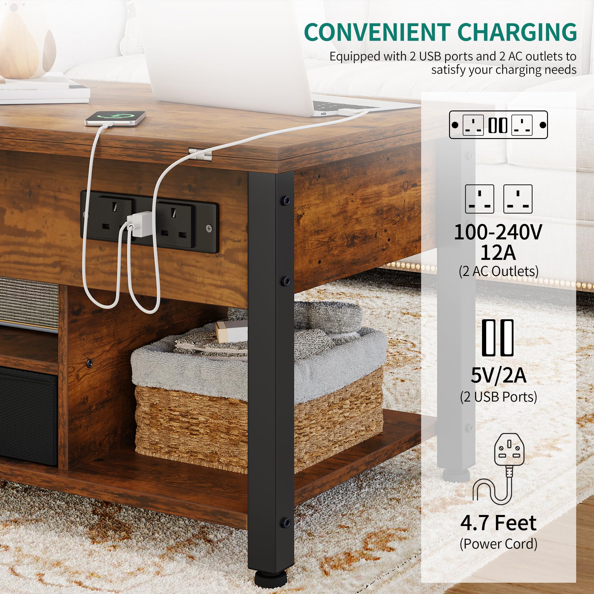 YITAHOME Couchtisch mit Höhenverstellbarer, 4-in-1-Multifunktions-Couchtisch mit Stauraum und LED Beleuchtung, Couchtisch lässt Sich in einen Esstisch für das Wohnzimmer umwandeln, Vintage-Braun