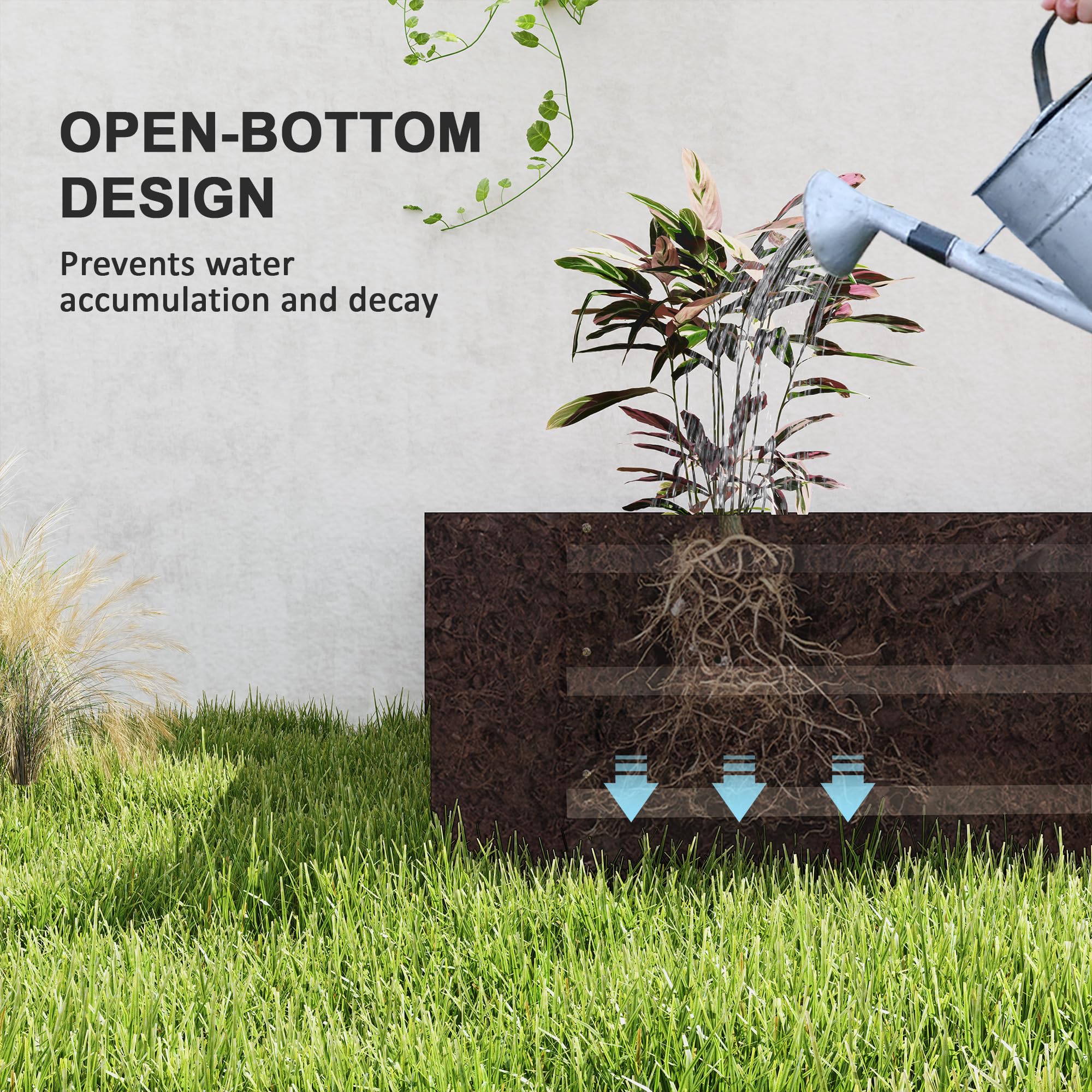 Outsunny Jardinera Rectangular de Exterior con Borde de Seguridad y Base Abierta para Flores y Hierbas, Acero Galvanizado, 240 x 120 x 30 cm, Gris Oscuro